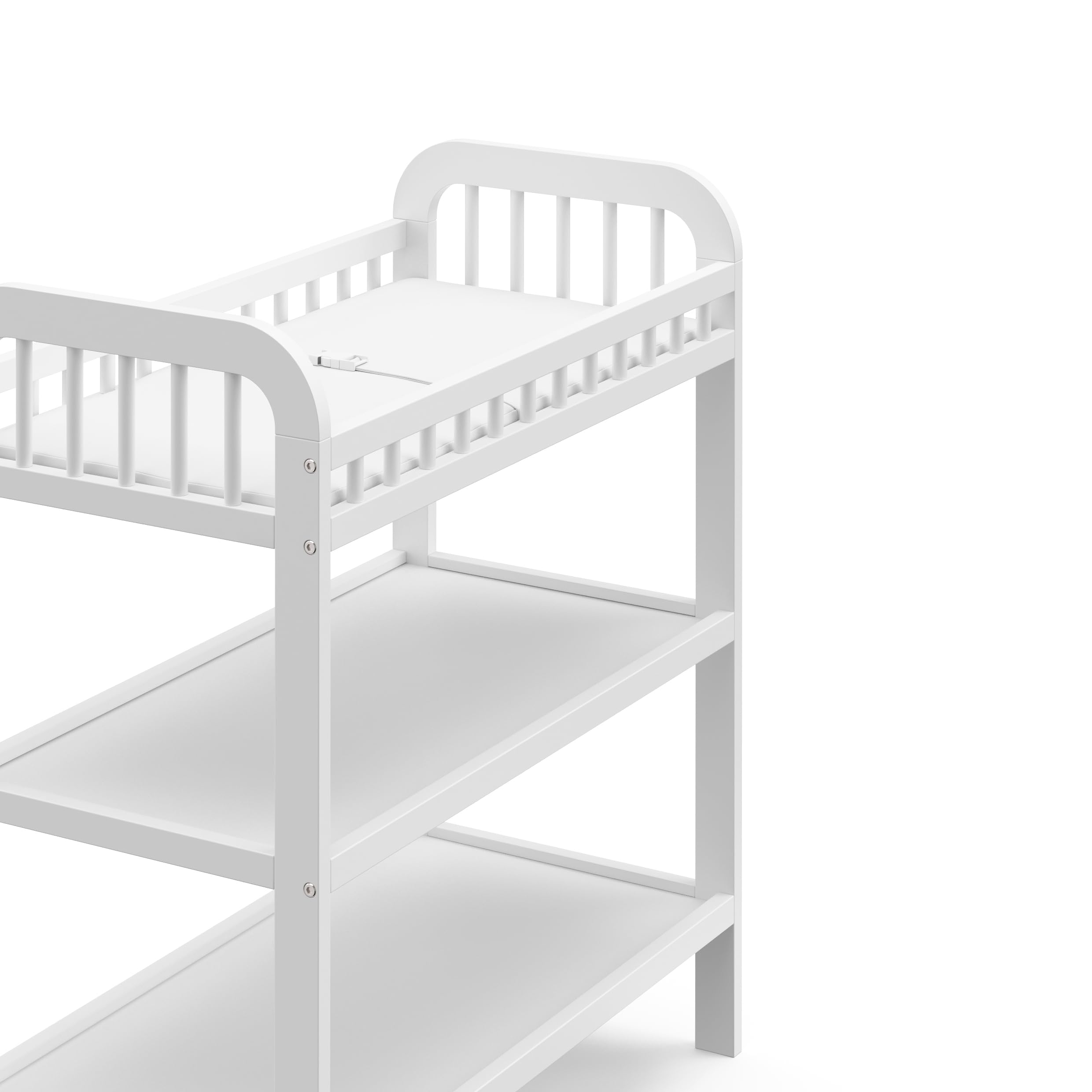 Storkcraft Pasadena White Changing Table with Water-Resistant Pad - GREENGUARD Gold Certified Baby Nursery Furniture, 2 Open Shelves & Safety Strap | Perfect for Diaper Changing, Baby Care Organization in Nursery Rooms