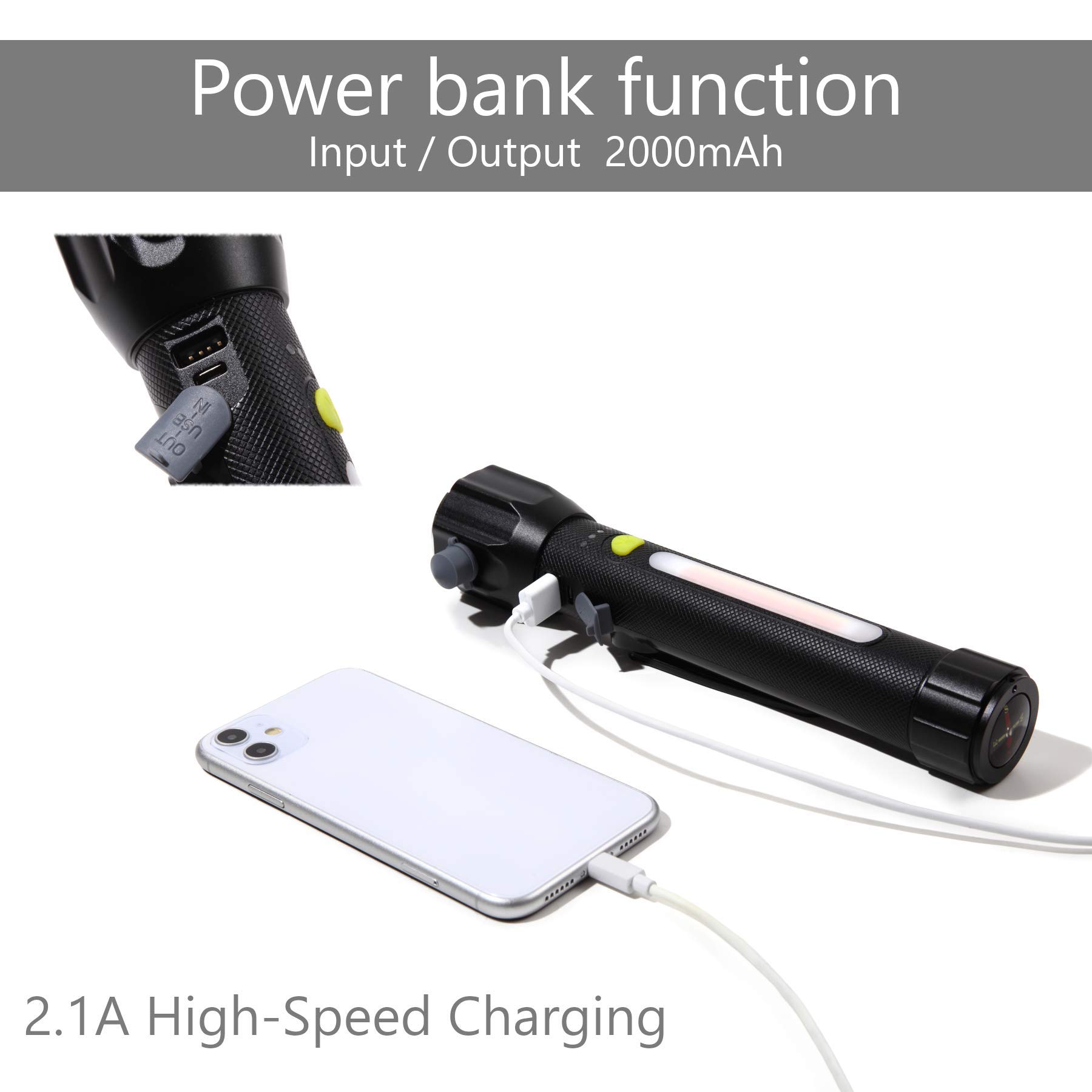 Emergency Car Flashlight with LED Light, Window Breaker & Seatbelt Cutter - USB Charging Port, Arc Lighter & Hand Crank - Perfect for Roadside Emergencies, Camping, Home Safety & Power Outages (Includes Alarm & Compass)
