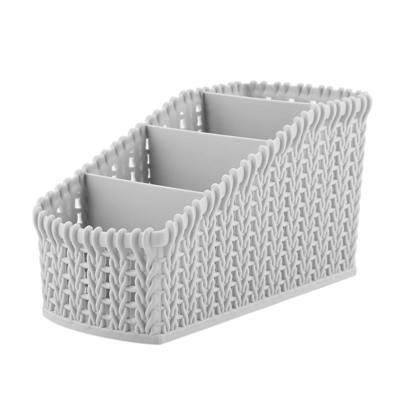 Rattan Makeup Organizer with Multi Grid - Cosmetic Storage Box for Jewelry & Hair Accessories | Desktop Organizer for Vanity, Bathroom & Travel (Grey)
