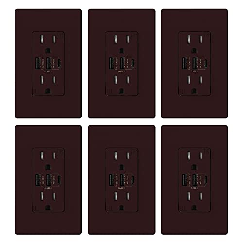 ELEGRP 30W 6.0A 3-Port USB Wall Outlet with Type C & Type A Ports - 15A Receptacle for iPhone, iPad, Samsung, LG, HTC & Android Devices - UL Listed - Includes Wall Plate - 6 Pack Matte Brown - Perfect for Home, Office & Hotel Charging Stations