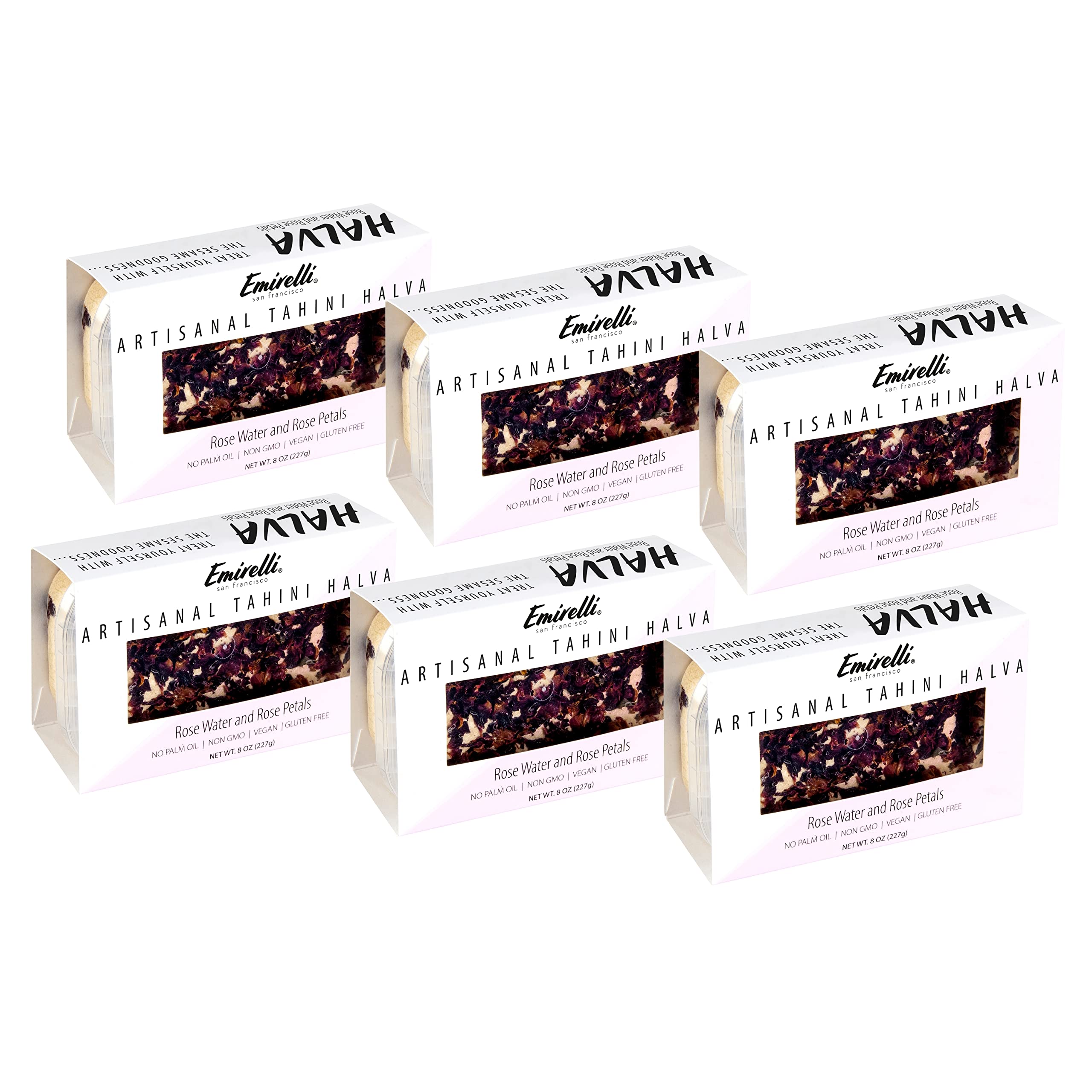 Premium Emirelli Artisanal Halva Dessert - Authentic Middle Eastern & Turkish Vegan Sweets - 55% Tahini Halwa with Rose Water & Petals - Traditional Halvah Candy - Pack of 6 | Perfect for Gifts, Tea Time & Dessert Platters