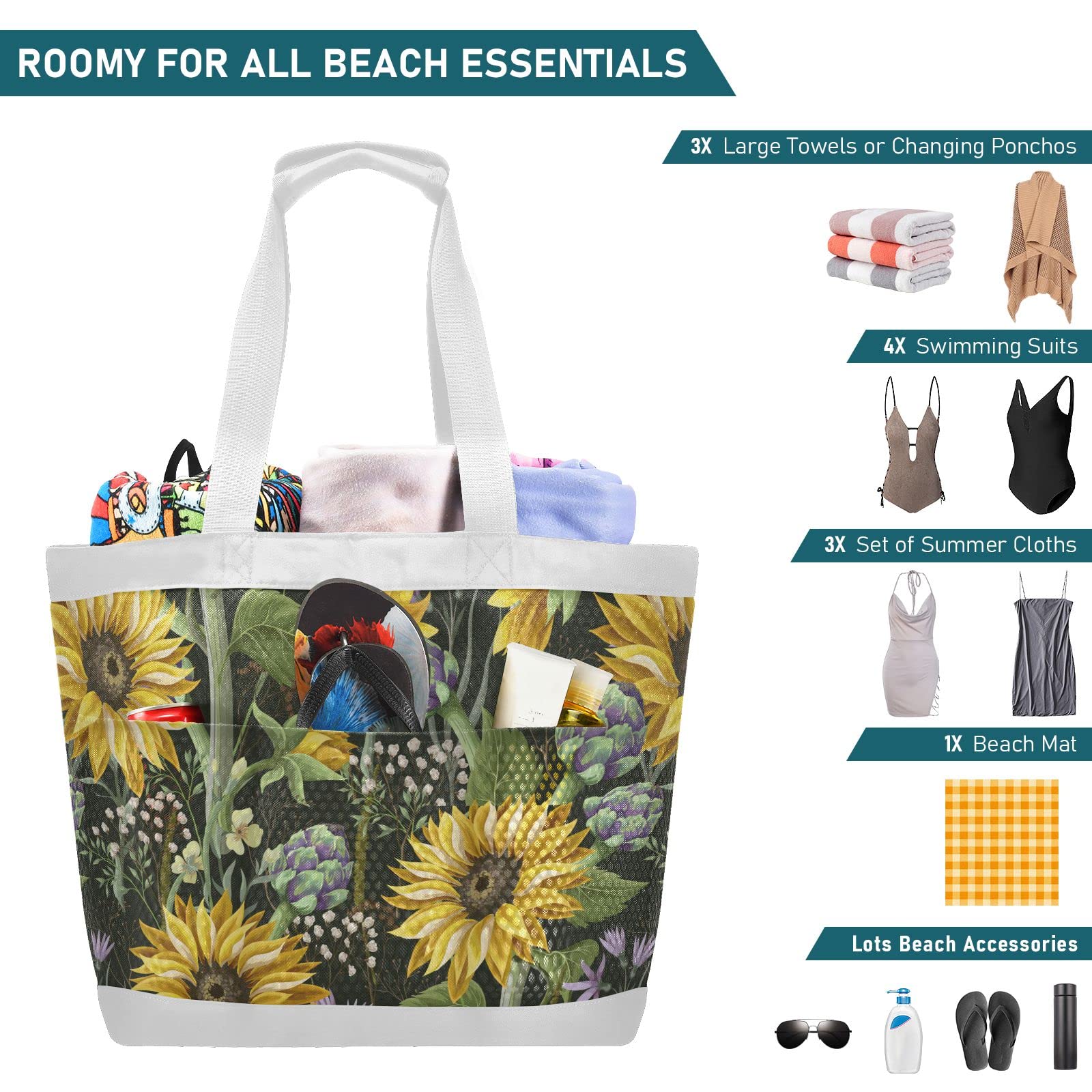 J JOYSAY Sunflower Artichoke Mesh Beach Tote Bag - Large Waterproof Beach Bag for Women, Lightweight Carry On Bag, Perfect for Shopping, Gym, Travel & Summer Vacations | Ideal for Pool Parties, Beach Getaways & Outdoor Activities