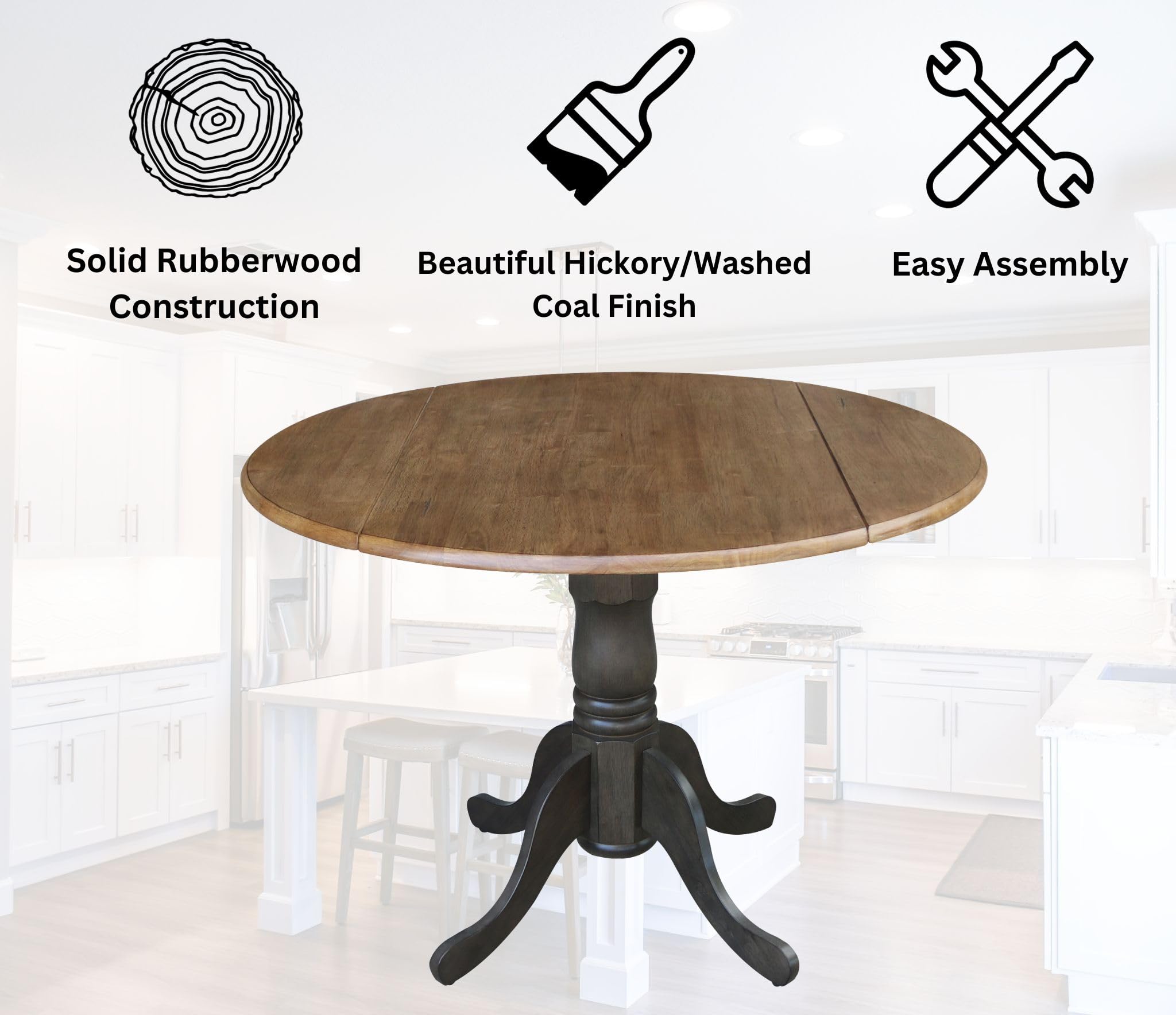 42 Inch Dual Drop Leaf Dining Table - Solid Hickory & Washed Coal Finish - Expandable Space-Saving Design for Small Kitchens, Apartments, and Dining Rooms