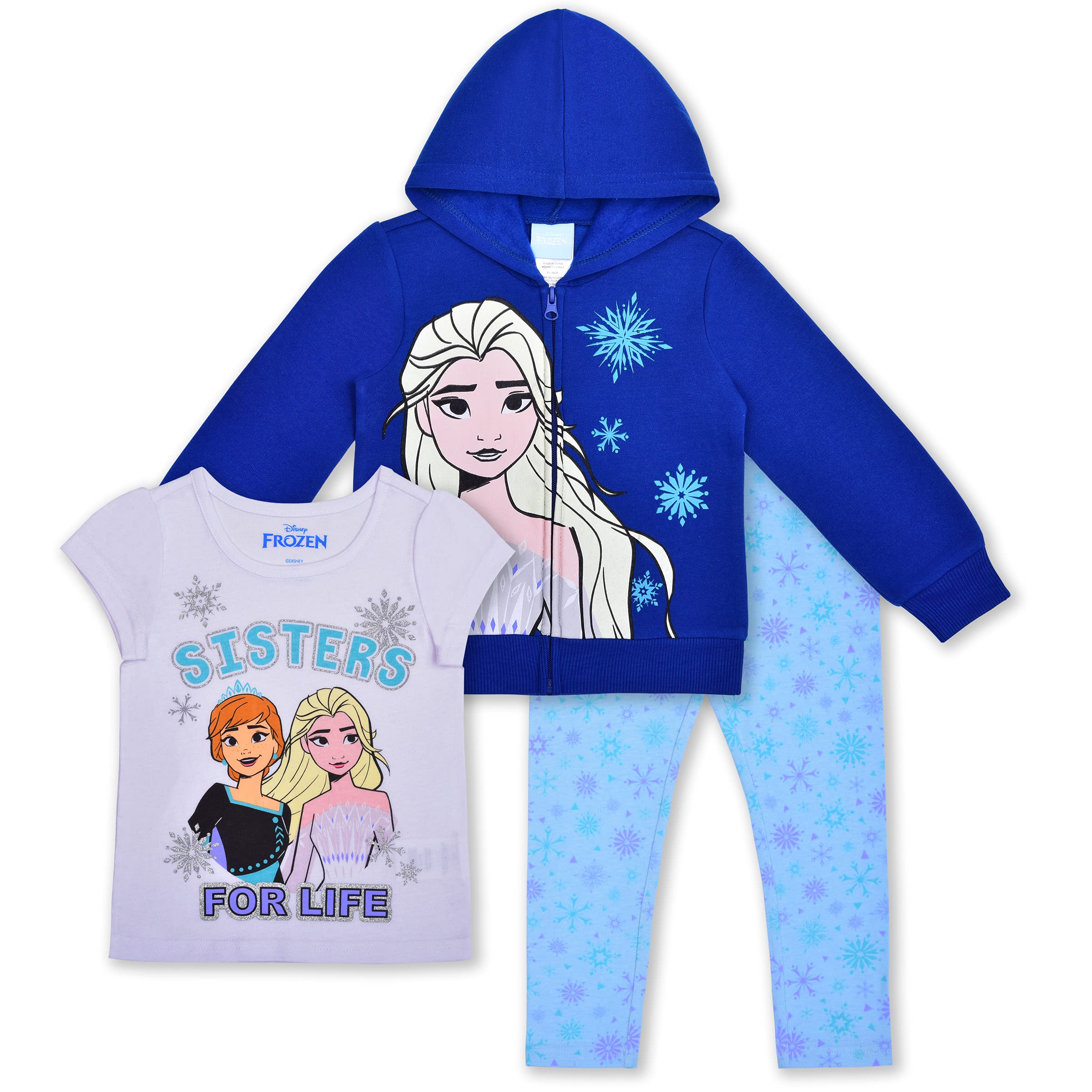 Disney Frozen Elsa & Anna Girls Winter Outfit Set - Zip Up Hoodie, T-Shirt & Leggings for Toddlers & Kids | Birthday Gift, Christmas Costume, Playdate Outfit