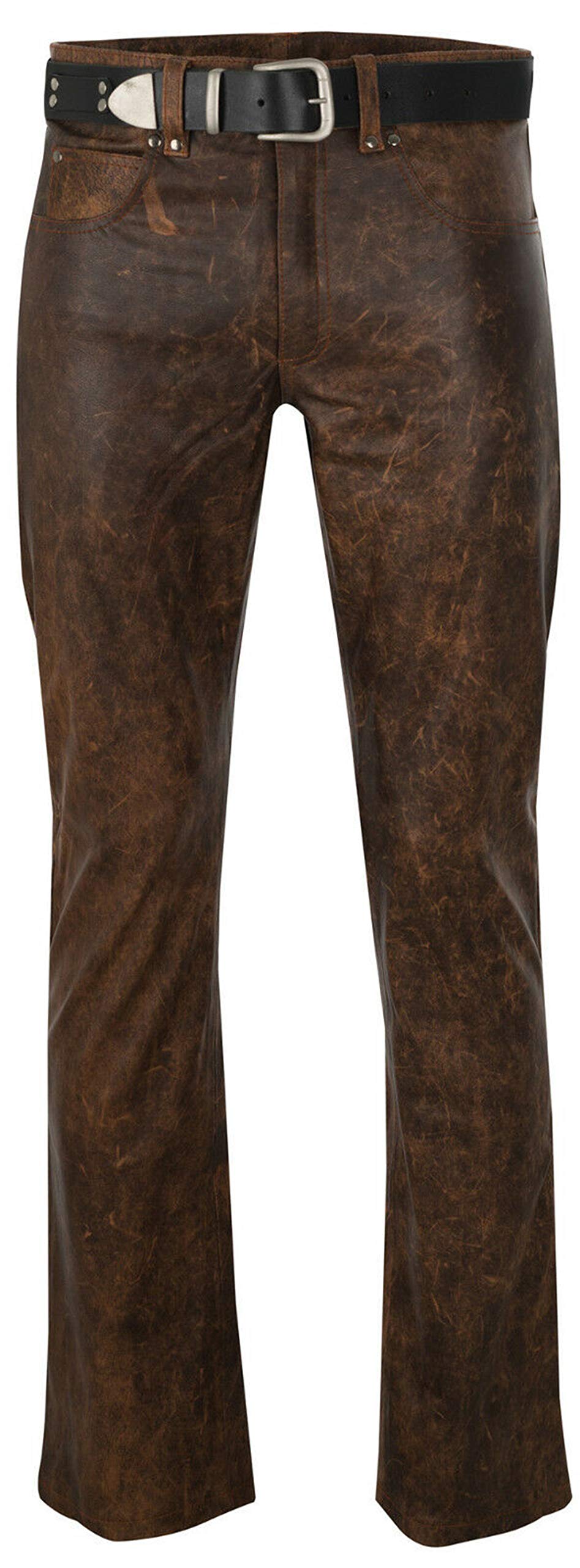UGFashions Men's Brando Vintage Motorcycle Leather Pants - Slim Fit Antique Brown Biker Riding Pants for Harley Davidson & Cruiser Motorcycles | Perfect for Riding, Motorcycle Shows & Casual Wear