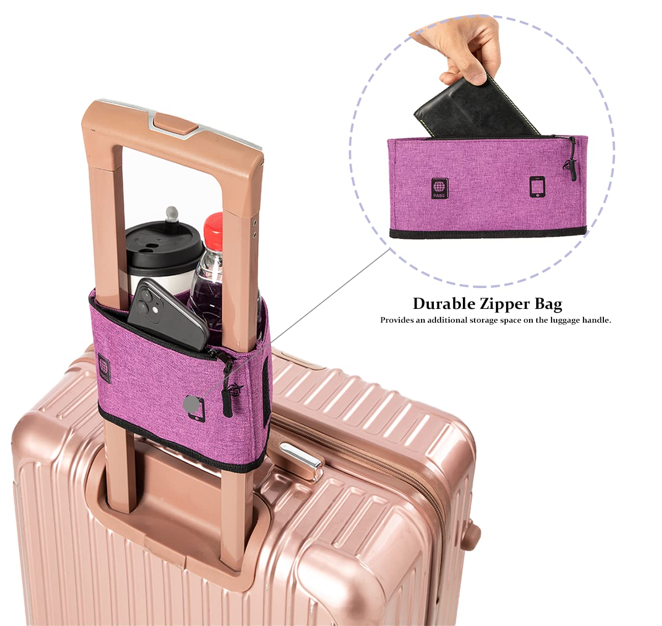 Universal Travel Cup Holder for Suitcases - Portable Drink Caddy Fits All Roll-On Luggage Handles | Holds 2 Coffee Mugs or Water Bottles | Perfect Travel Accessory for Men & Women (Purple) | Ideal for Airports, Road Trips & Commuting