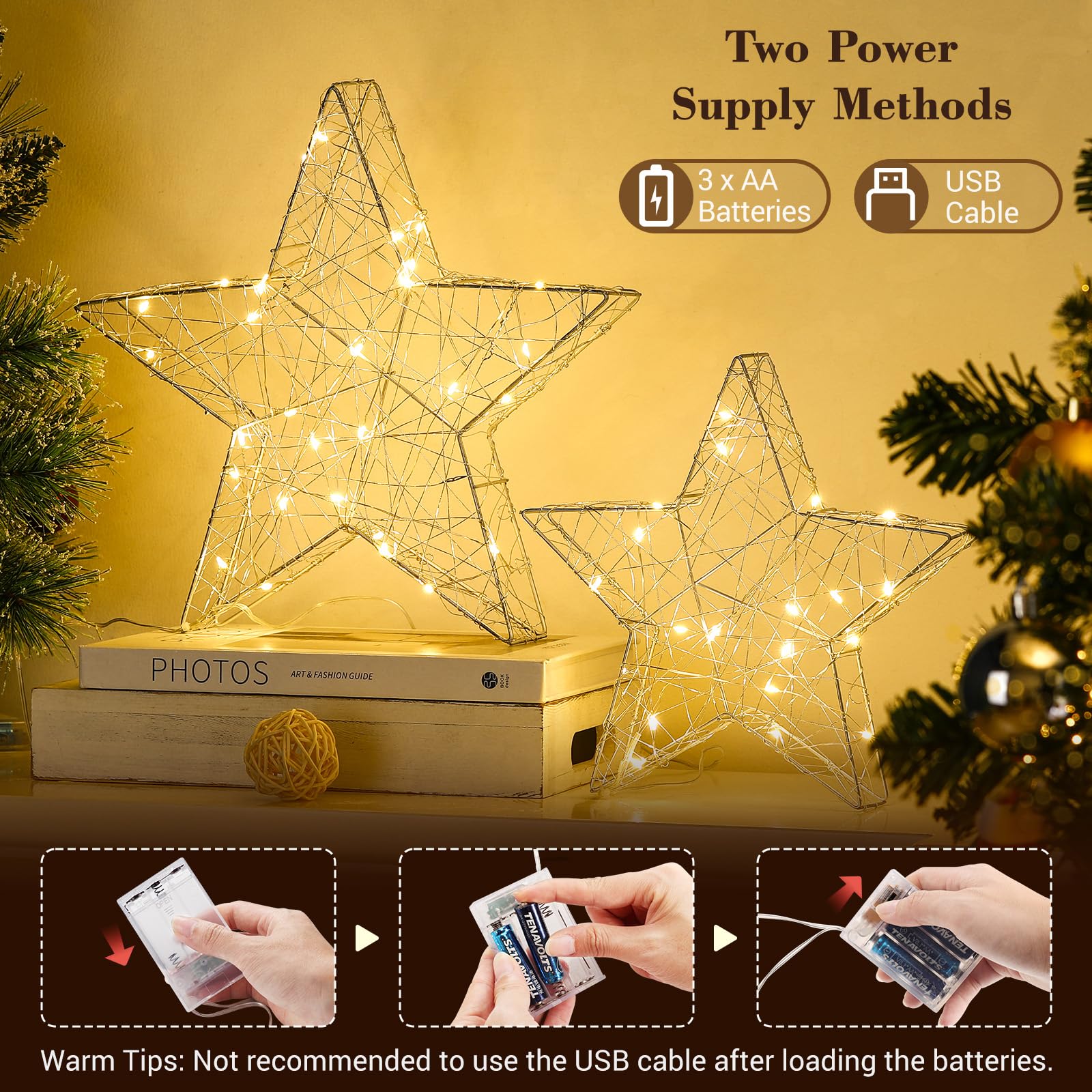 Lewondr 2-Pack Decorative Table Lamp - USB/Battery Powered Sparkling Star LED Desk Lamp with Timer, Wrought Iron Warm White Night Light for Bedroom, Nightstand, Christmas Decor (Silver) | Perfect for Bedside Reading, Holiday Decorations & Cozy Ambience