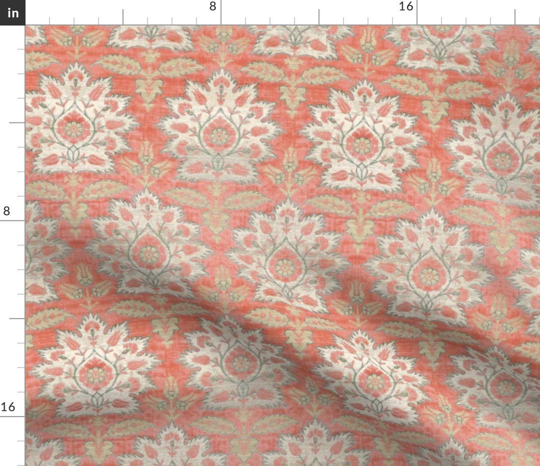 Premium Spoonflower Fabric - Tulips Damask Ikat Mint Coral Brocade Medieval Pink Vintage Style Printed on Petal Signature Cotton Fabric Fat Quarter - Perfect for Sewing, Quilting, Apparel, Crafts & Home Decor | Ideal for DIY Projects, Vintage-Inspired Clothing & Unique Home Accents