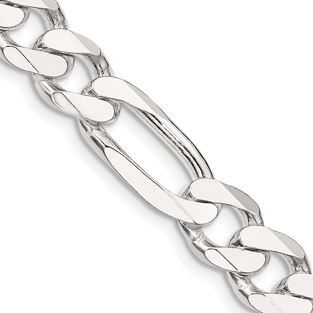 9mm Rhodium Plated Sterling Silver Solid Figaro Chain Bracelet for Men - Black Bow Jewelry, Perfect for Casual Wear, Gifts, and Special Occasions