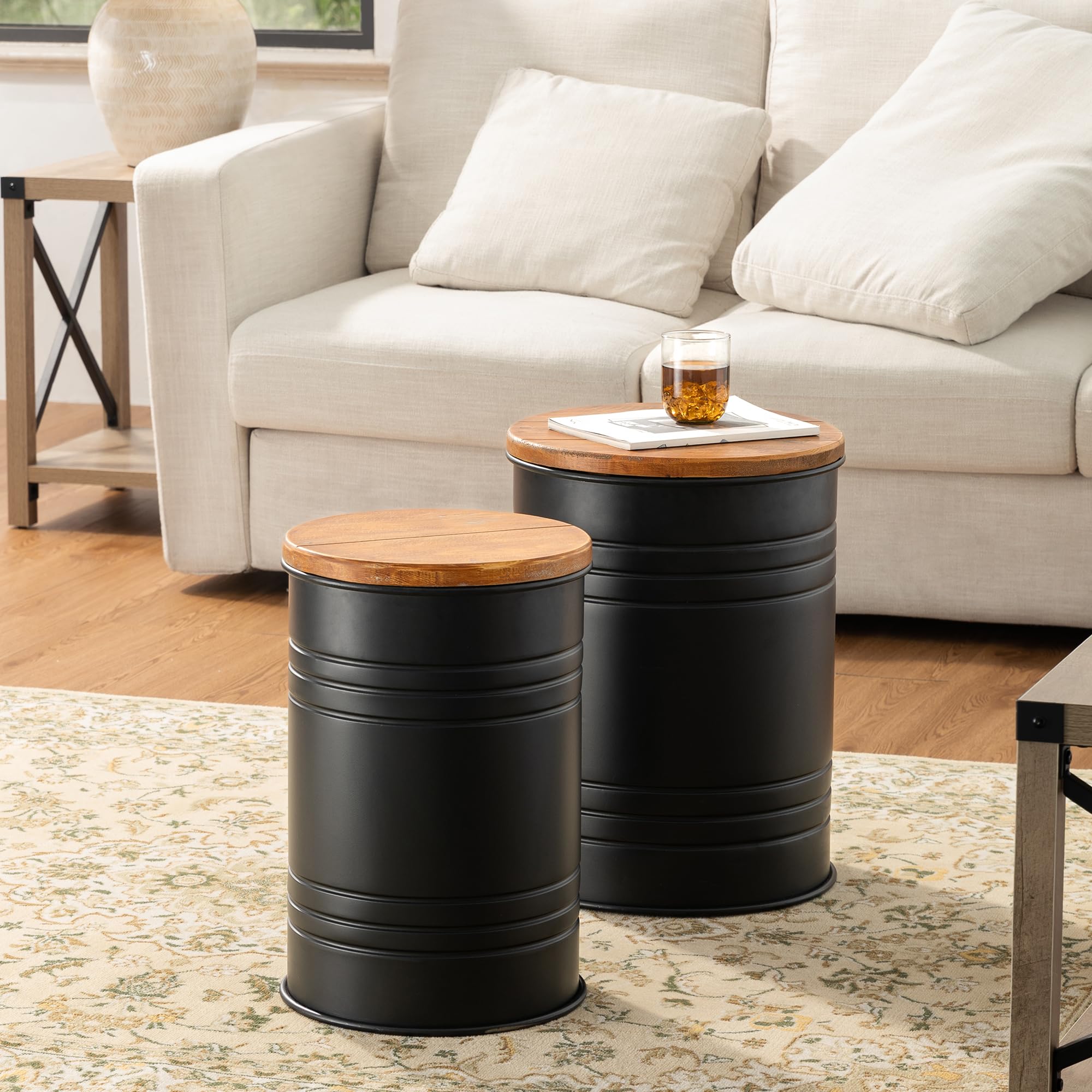Glitzhome 2-Piece Farmhouse Nesting Tables with Storage Lids - Rustic Metal Barrel Side Tables for Living Room, Bedroom, Office - Black | Perfect for Small Spaces & Home Decor Accents