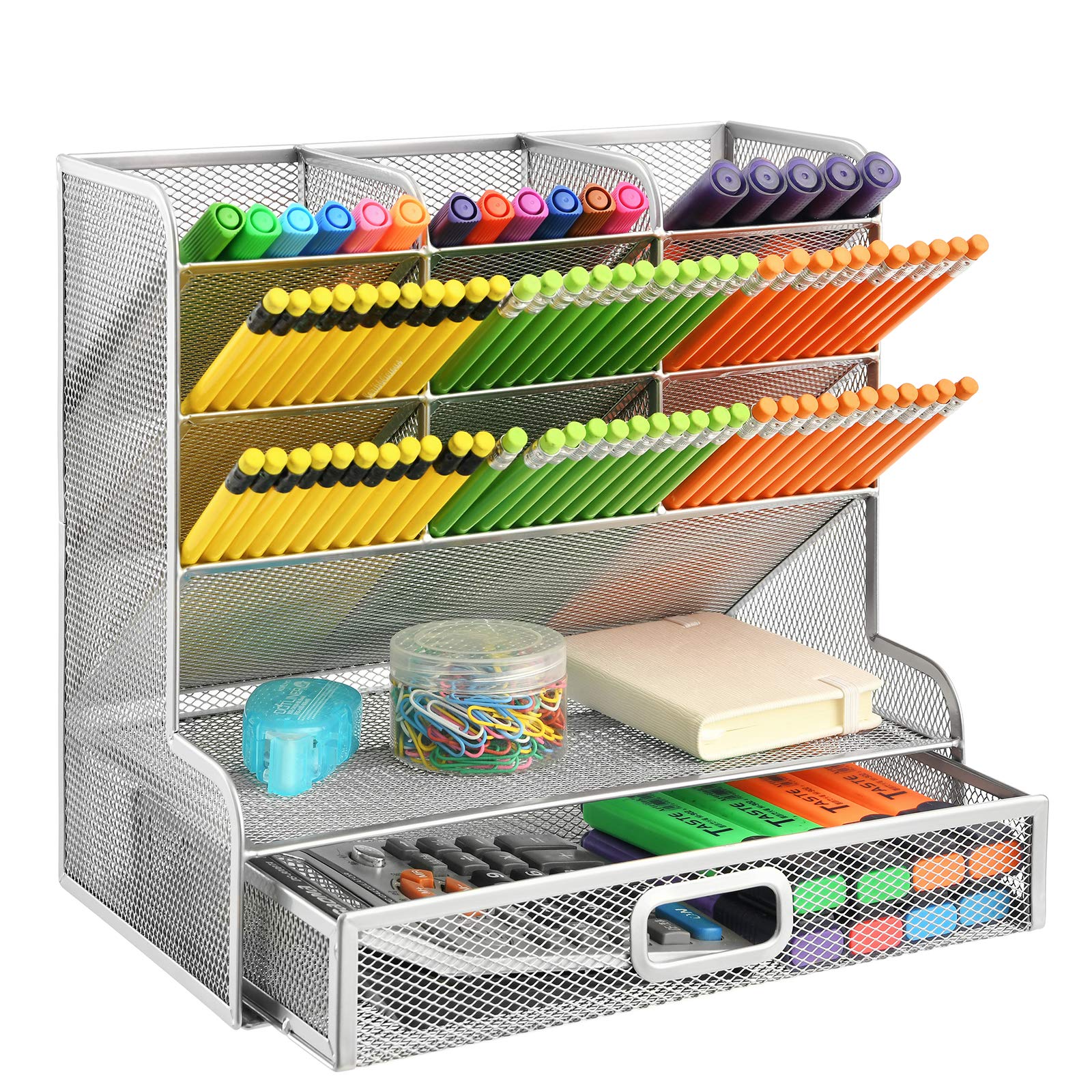 Mesh Desk Organizer with Drawer - Silver Pen Holder for School, Office & Home