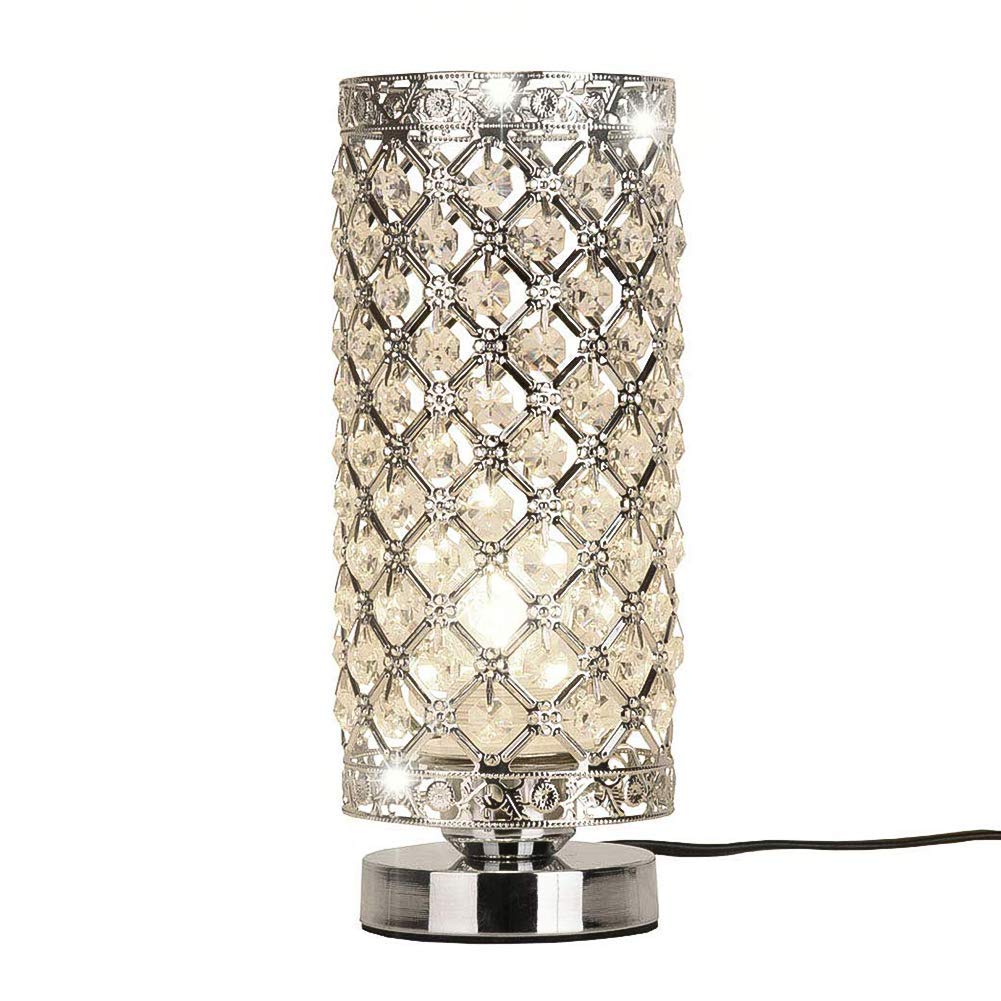 Modern Crystal Cylindrical Table Lamp - E27 Bedside Desk Light with Power Switch, Silver Finish | Perfect for Bedroom, Living Room & Office Decor Lighting