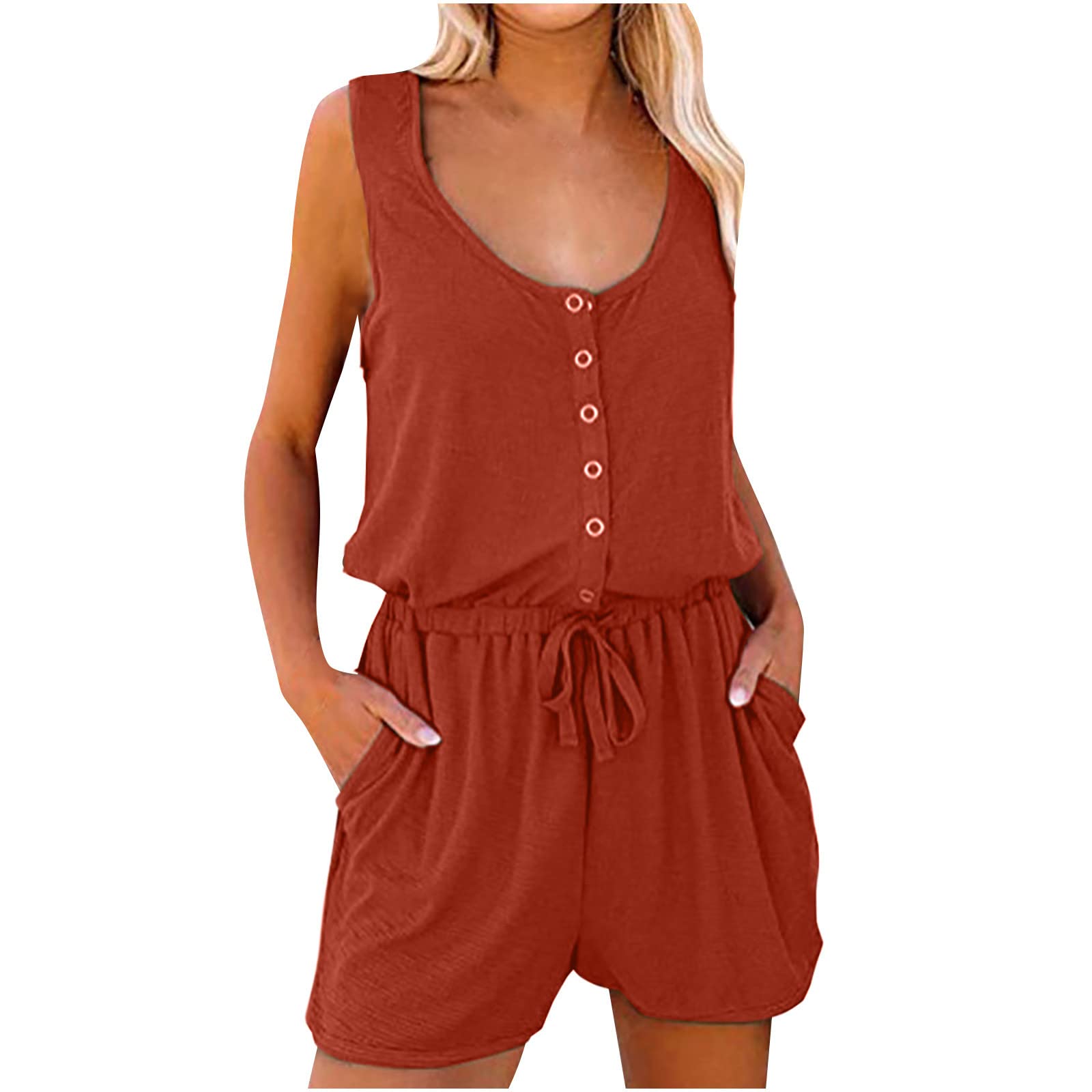 Women's Sleeveless Jumpsuit - Stretchy Elastic Waist V-Neck Romper with Pockets | Casual Summer Outfit for Beach, Travel & Everyday Wear