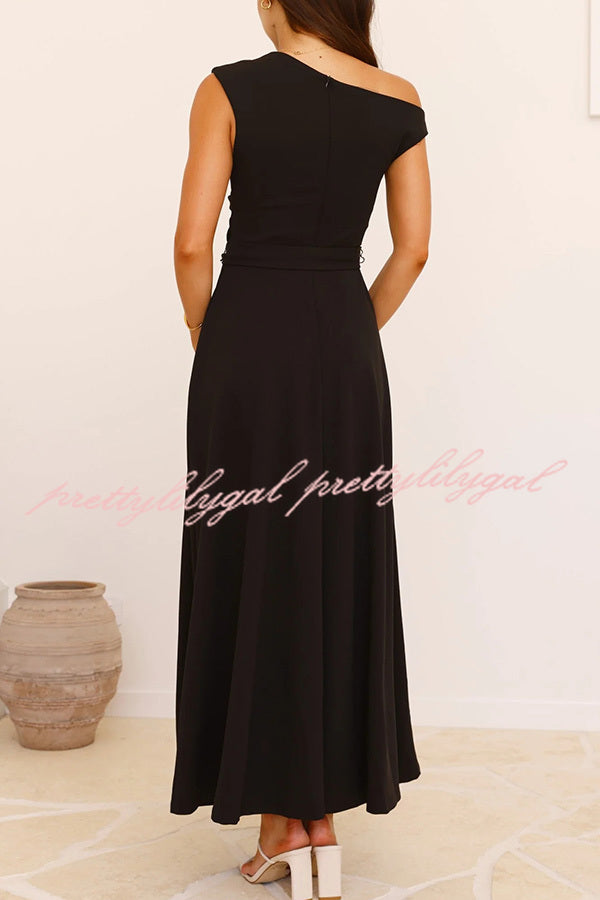 Elegant Solid Color Sloped Collar Slim Fit Waist Lace Up Maxi Dress for Women | Formal & Casual Occasions | Perfect for Weddings, Parties & Date Nights