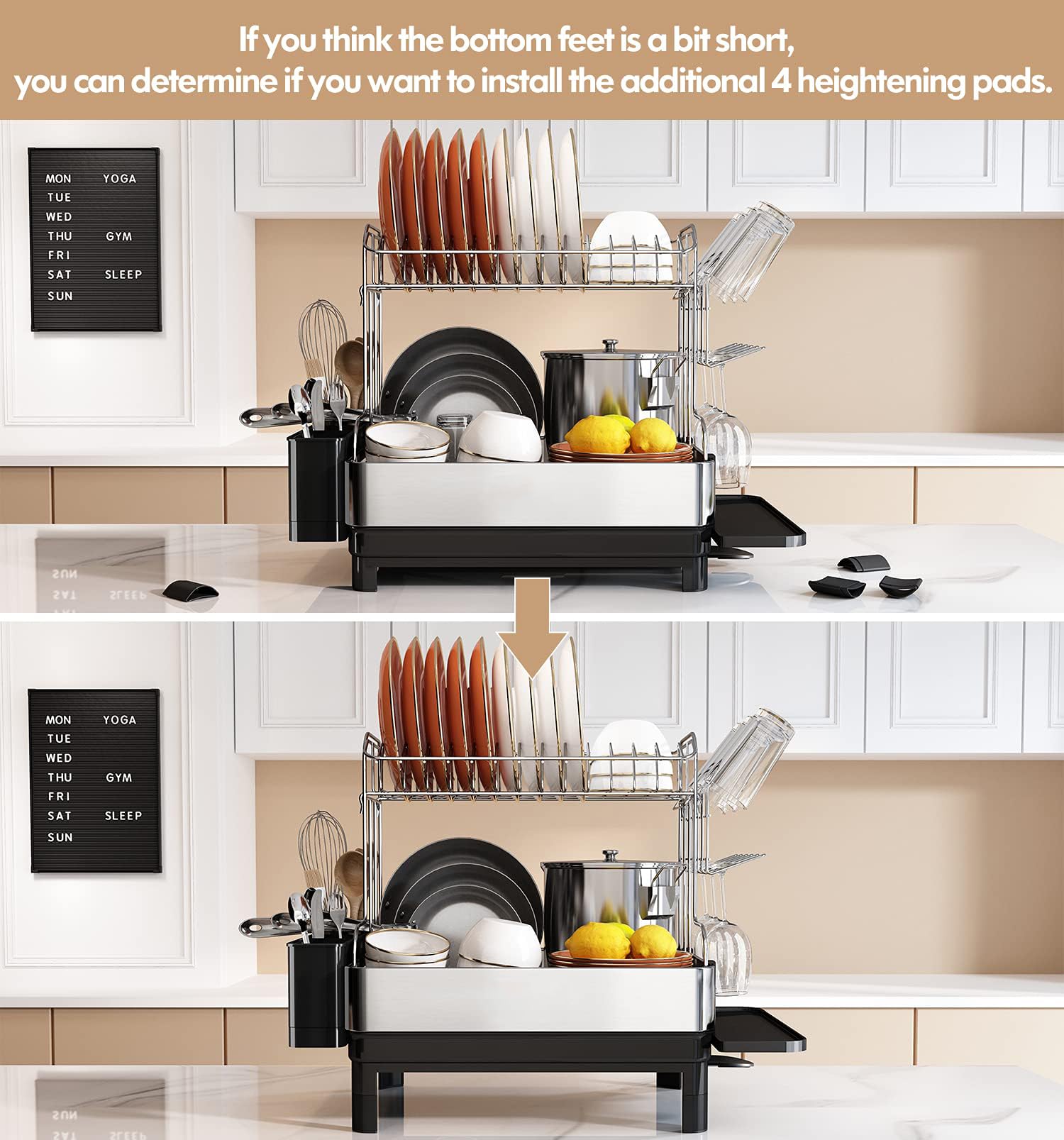 Romision 2-Tier Stainless Steel Dish Rack & Drainboard Set - Adjustable Drainage Spout, Utensil Holder & Cup Rack - Large Kitchen Counter Drying Rack with Water Tray - Perfect for Small Spaces, Apartments & Busy Kitchens