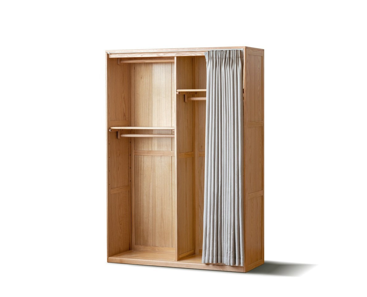 Oak Solid Wood Wardrobe with Curtain Design - Elegant Closet Storage for Bedroom, Living Room & Dorm Organization