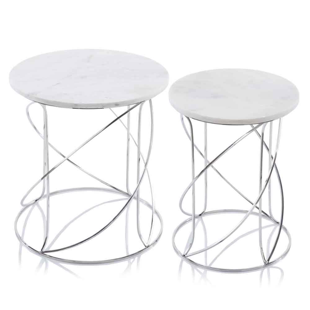 Modern White Marble Nesting Tables Set of 2 - Round Side Tables for Living Room, Bedroom & Office - 18.5