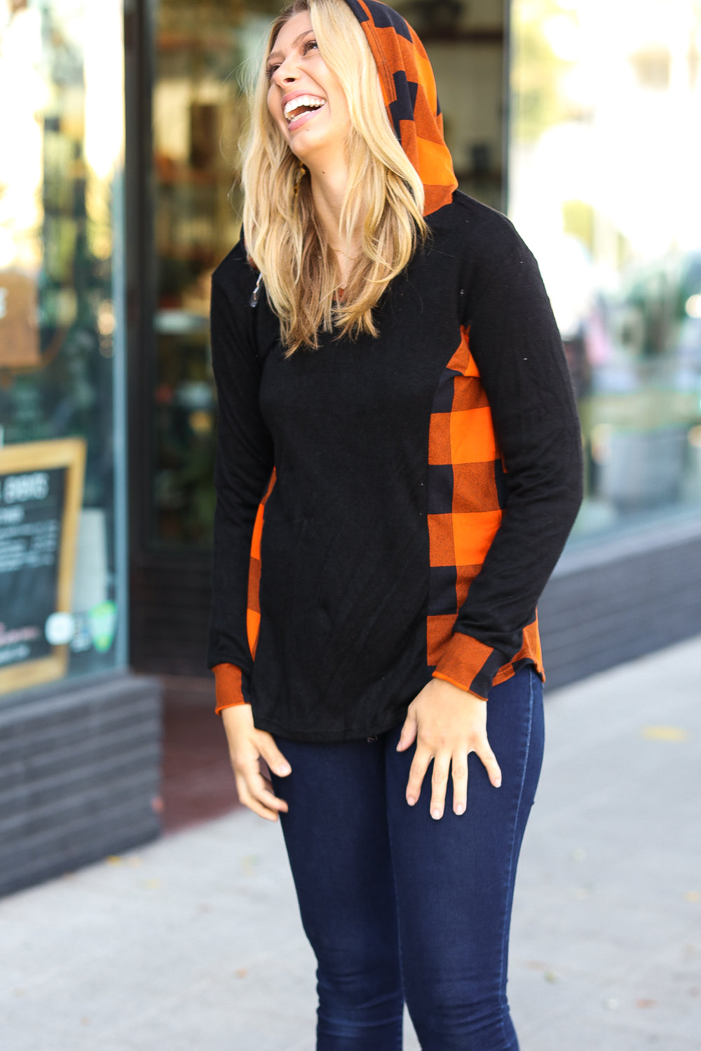 Black & Rust Plaid Hacci Knit Hoodie for Women - Cozy Fall Winter Pullover Sweatshirt - Casual Streetwear Outfit for Daily Wear, Travel & Outdoor Activities