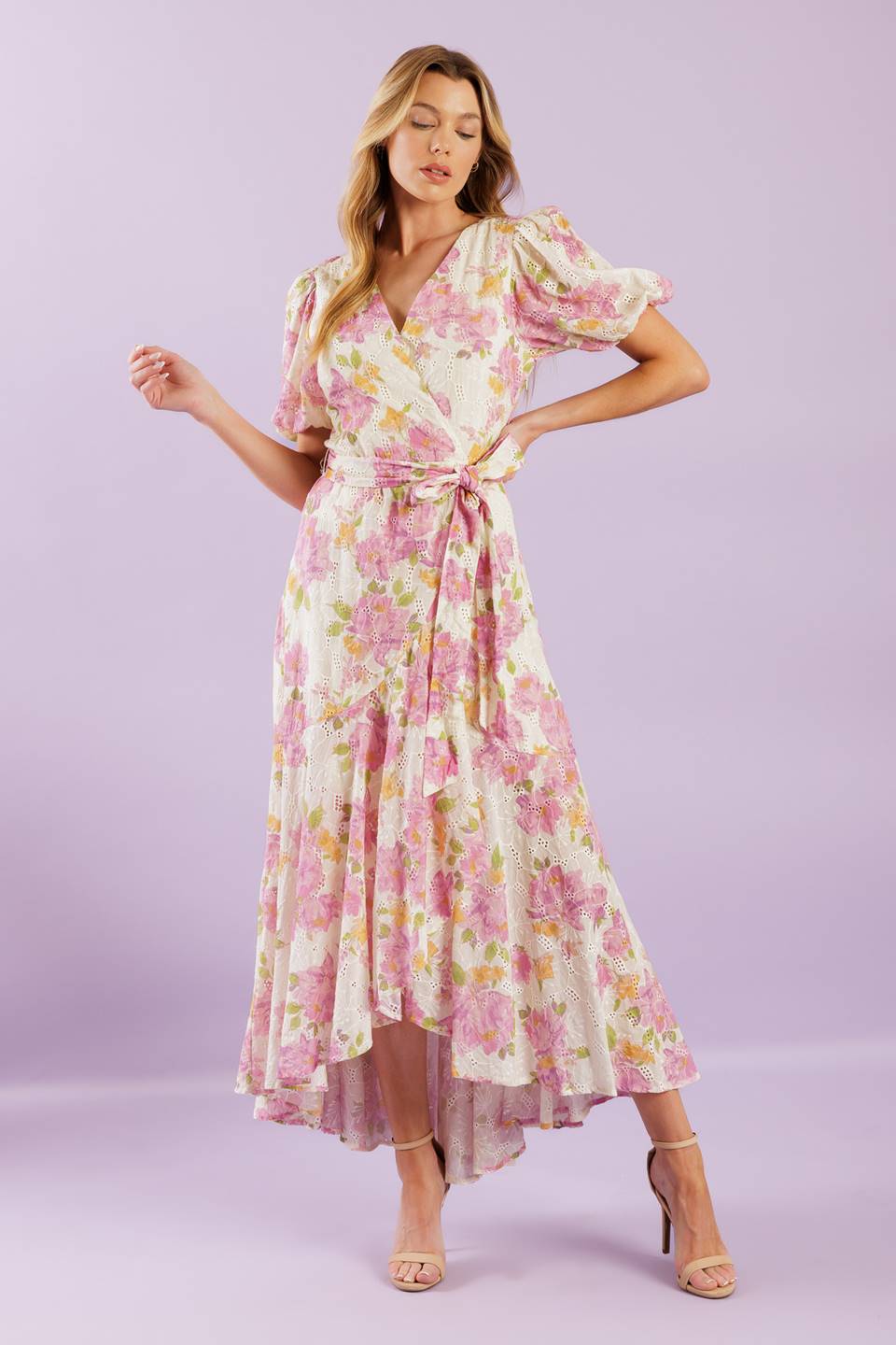 Pink Floral High Low Lace Wrap Midi Dress for Women - Elegant Coffee Run Outfit for Brunch, Date Night & Summer Parties