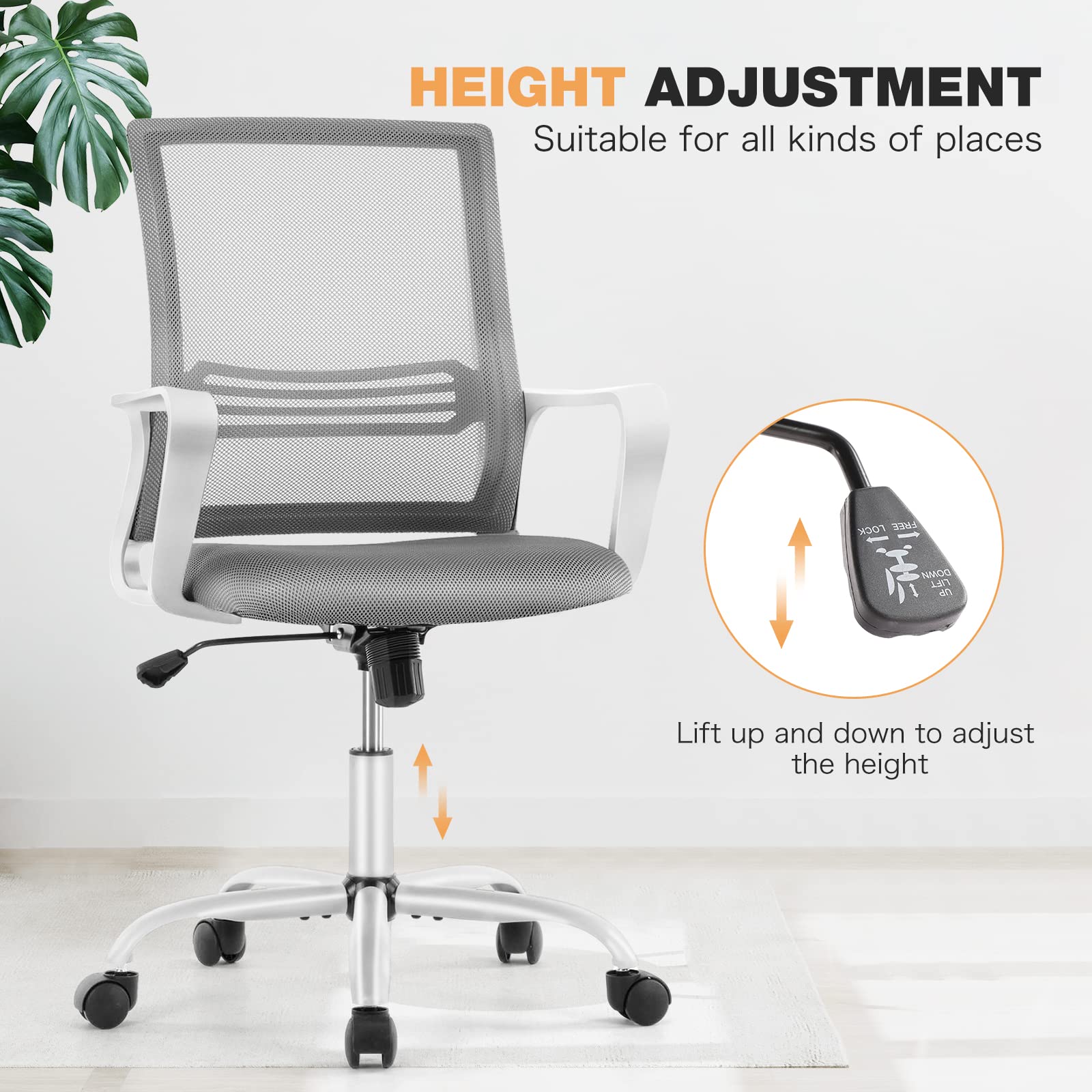 Ergonomic Office Chair with Lumbar Support - Adjustable Mesh Back, Swivel & Rolling Computer Desk Chair for Home & Office - Grey Mid Back Task Chair with Armrests - Perfect for Long Work Hours, Gaming & Study Sessions