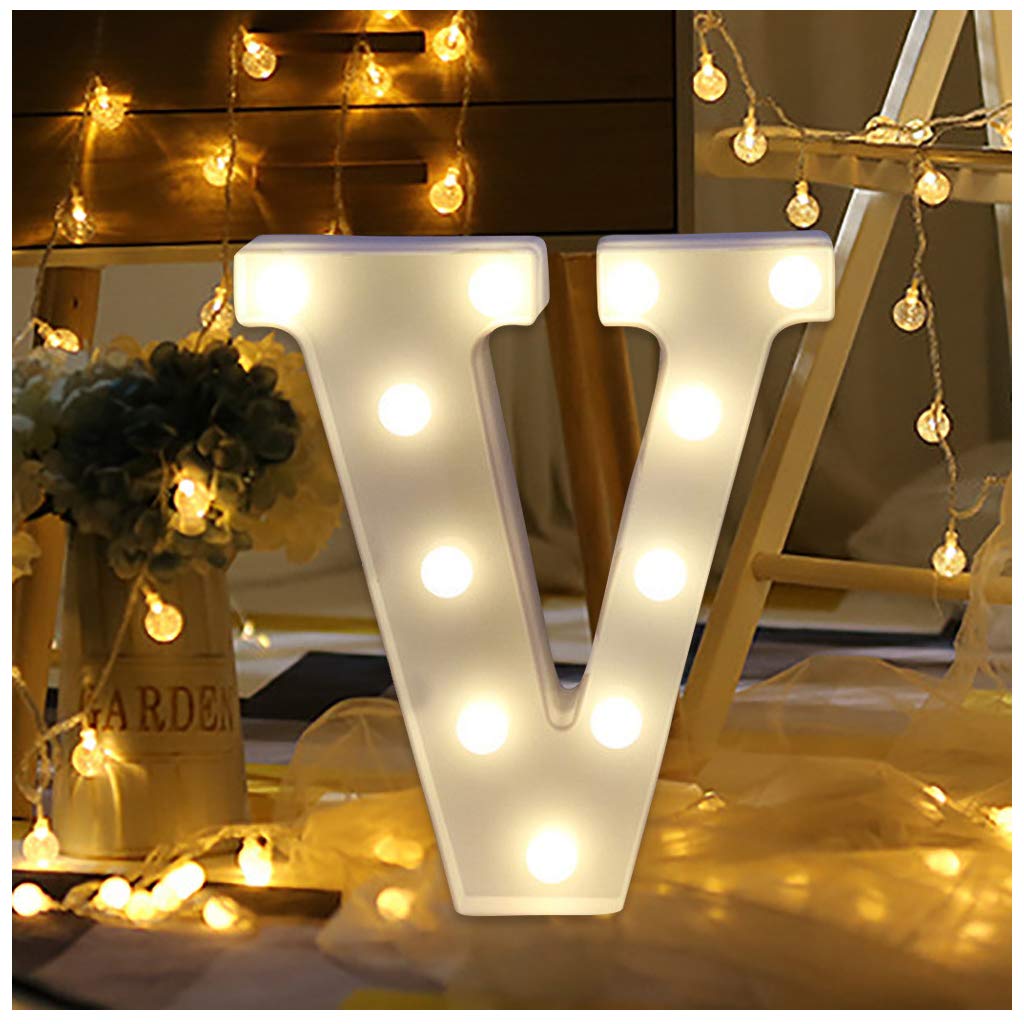 Pocciol White Plastic LED Alphabet Letter Lights - Hanging or Standing Decorative Letters for Home, Party, Wedding & Events (Letter V) - Perfect for Wall Decor, Birthday Celebrations, and Photo Backdrops