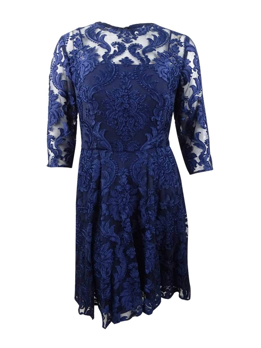 Betsy & Adam Women's Plus Size Burnout Damask Fit & Flare Dress - 22W Navy Blue - Elegant Church Wedding Guest & Special Occasion Outfit