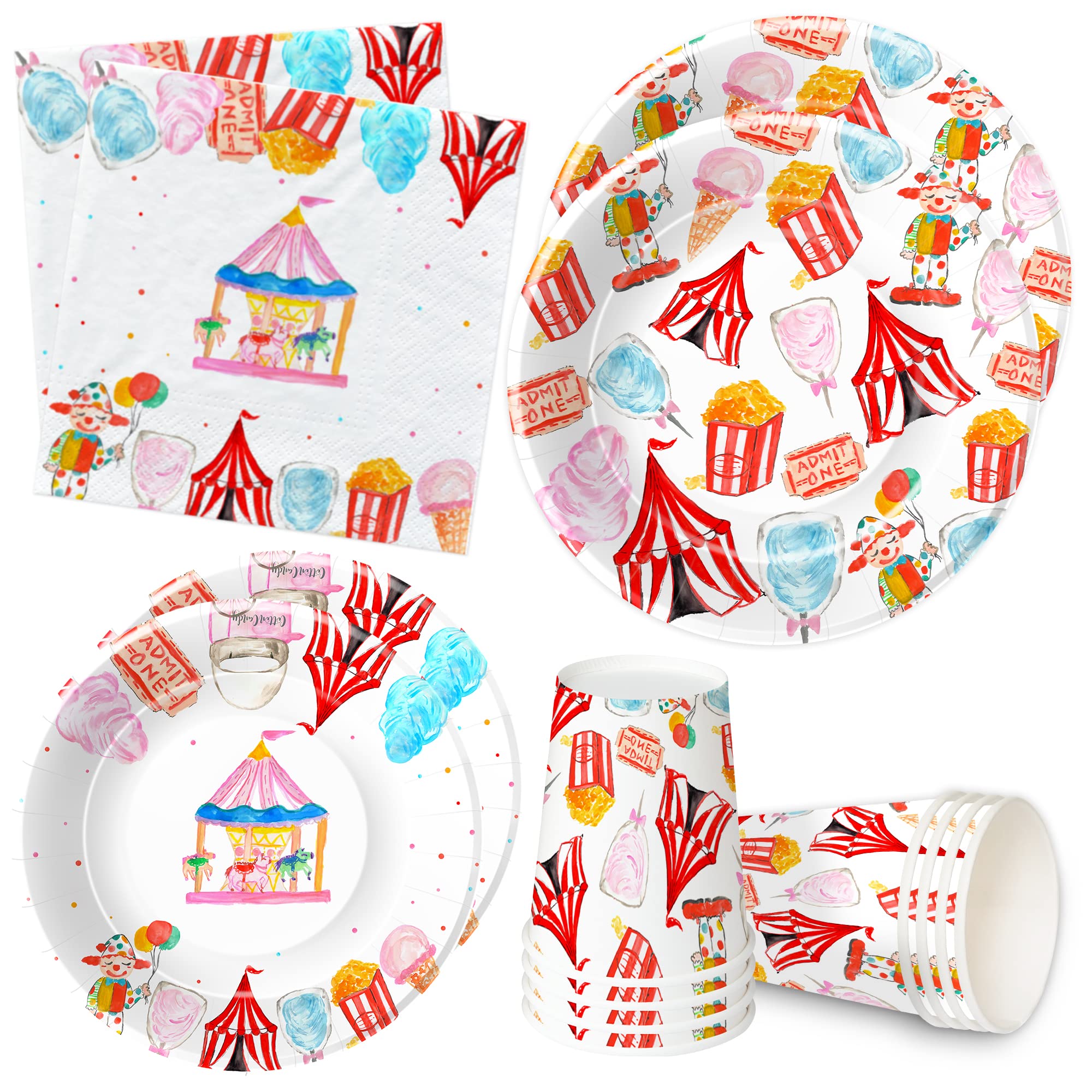 Circus Carnival Birthday Party Supplies Set - 24-Piece Dinnerware Kit with Plates, Cups & Napkins for Carnival Themed Decorations | Perfect for Kids Birthday Parties, Circus Events & Themed Celebrations