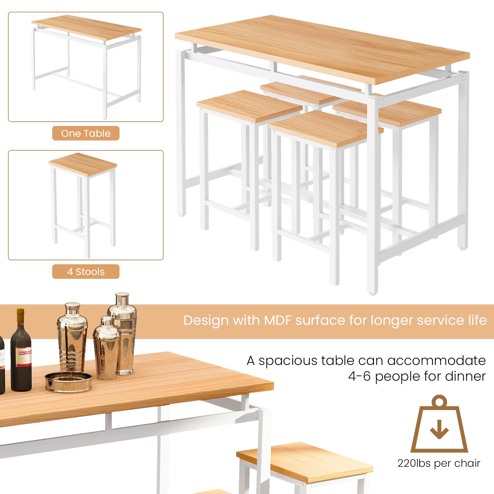 DKLGG 5-Piece Wooden Dining Table Set for 4 - Small Kitchen Table with 4 Stools, Space-Saving Bar Height Kitchen Table and Chairs Set - Perfect for Breakfast Nooks, Small Apartments & Cozy Dining Areas
