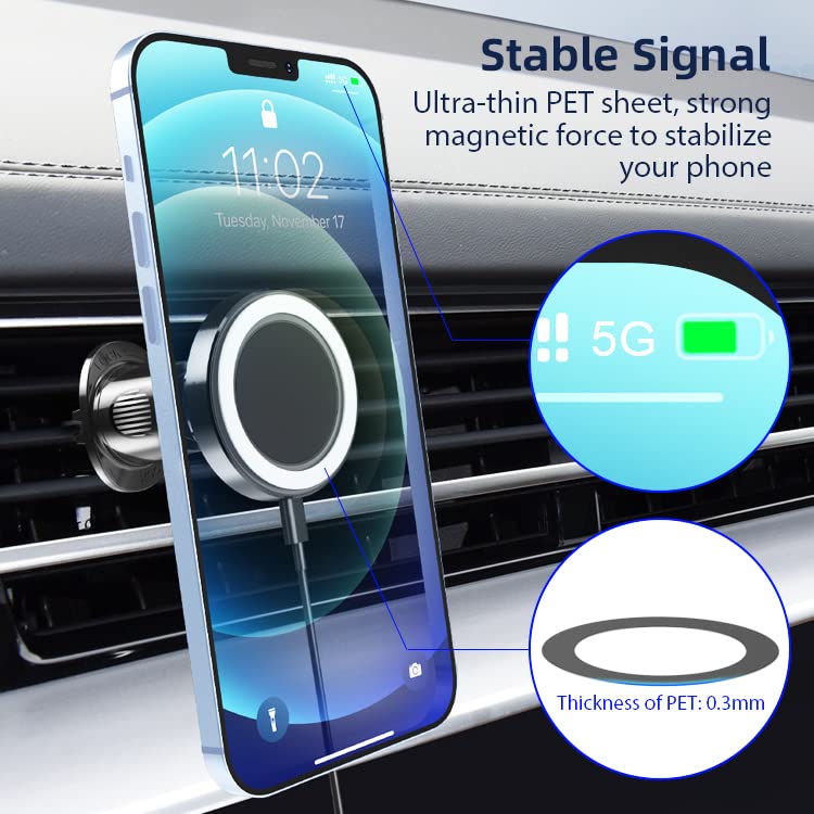 15W Magnetic Car Phone Mount Wireless Charger - Fast Charging Compatible with iPhone, Samsung, Huawei - 360° Adjustable Vent Mount for Safe Driving & Hands-Free Navigation