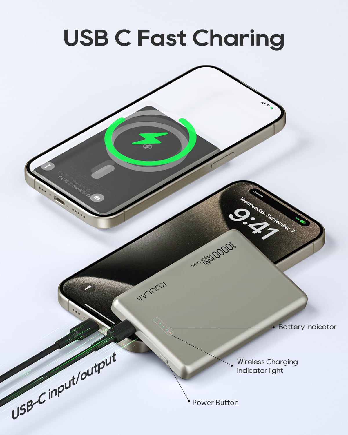Kuulaa 10,000mAh Magnetic Wireless Power Bank - 20W USB C Fast Charging Portable Battery Pack for iPhone 15 Pro Max/15/14 Plus/13/12 Series (Titanium) - Perfect for Travel, Work & Outdoor Adventures
