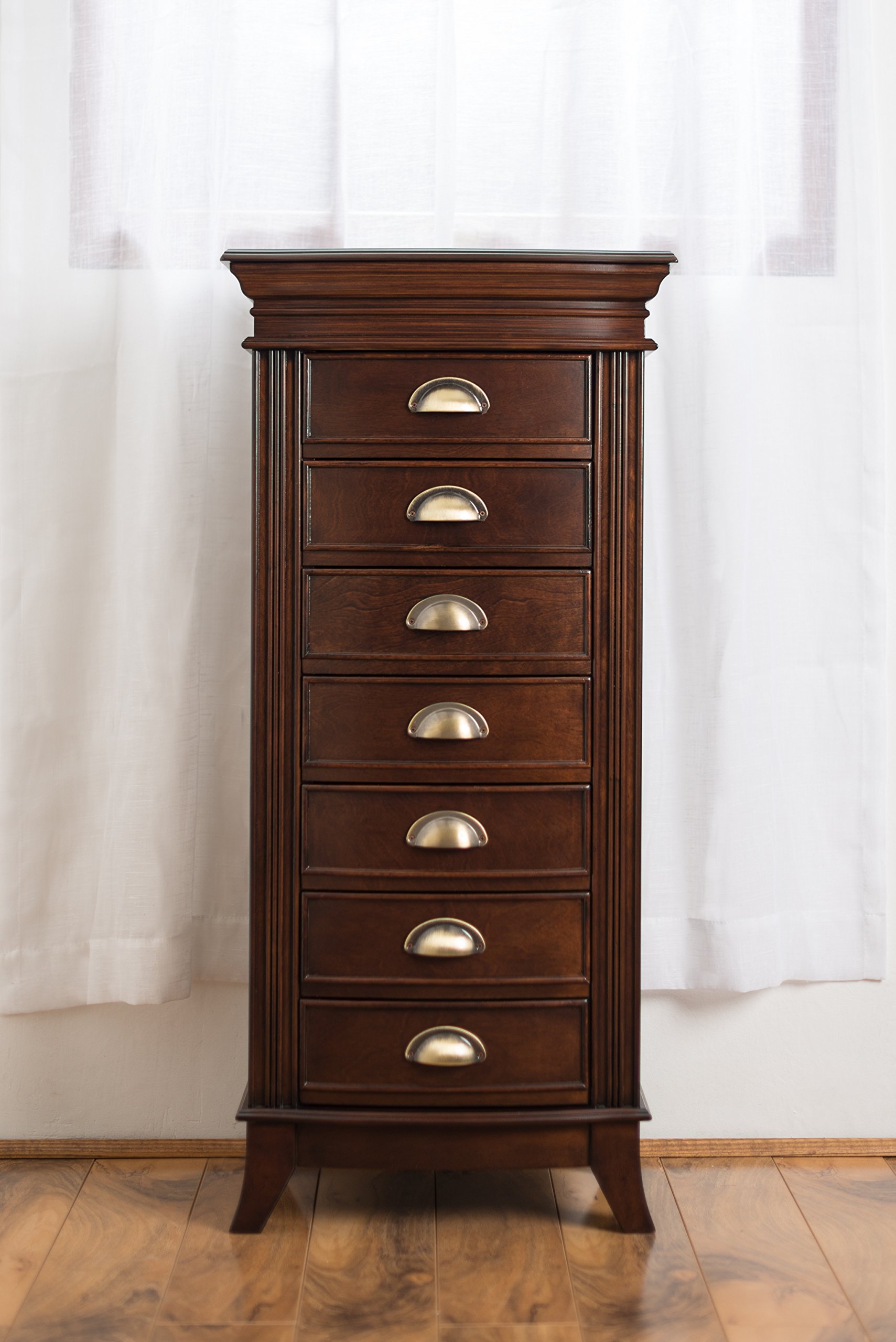 Alexa Walnut Jewelry Armoire with 7 Drawers - Classic Wooden Jewelry Organizer with Multiple Compartments for Necklaces, Rings & Bracelets - Perfect for Bedroom Vanity, Closet Storage & Gift Giving