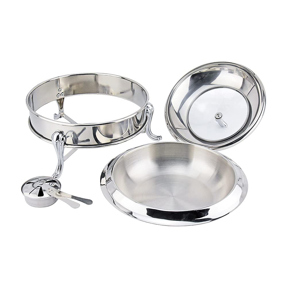 Premium Stainless Steel Chafer Round Chafing Dish with Lid & Fuel Holder - 22cm Durable Buffet Warmer for Catering, Party Dining & Kitchen Use - Silver Finish