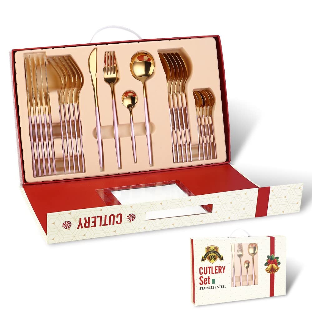 24-Piece Stainless Steel Flatware Set - Elegant Pink Gold Silverware Cutlery Set for Christmas Gifts, Dinner Parties & Everyday Dining | Knife, Fork & Spoon Tableware Kit