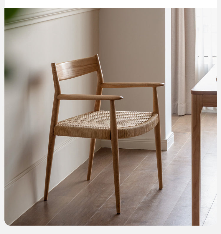 Solid Oak Wood Rope Woven Armchair - Handcrafted Leisure Chair for Living Room, Patio & Garden - Perfect for Relaxing, Reading & Outdoor Lounging