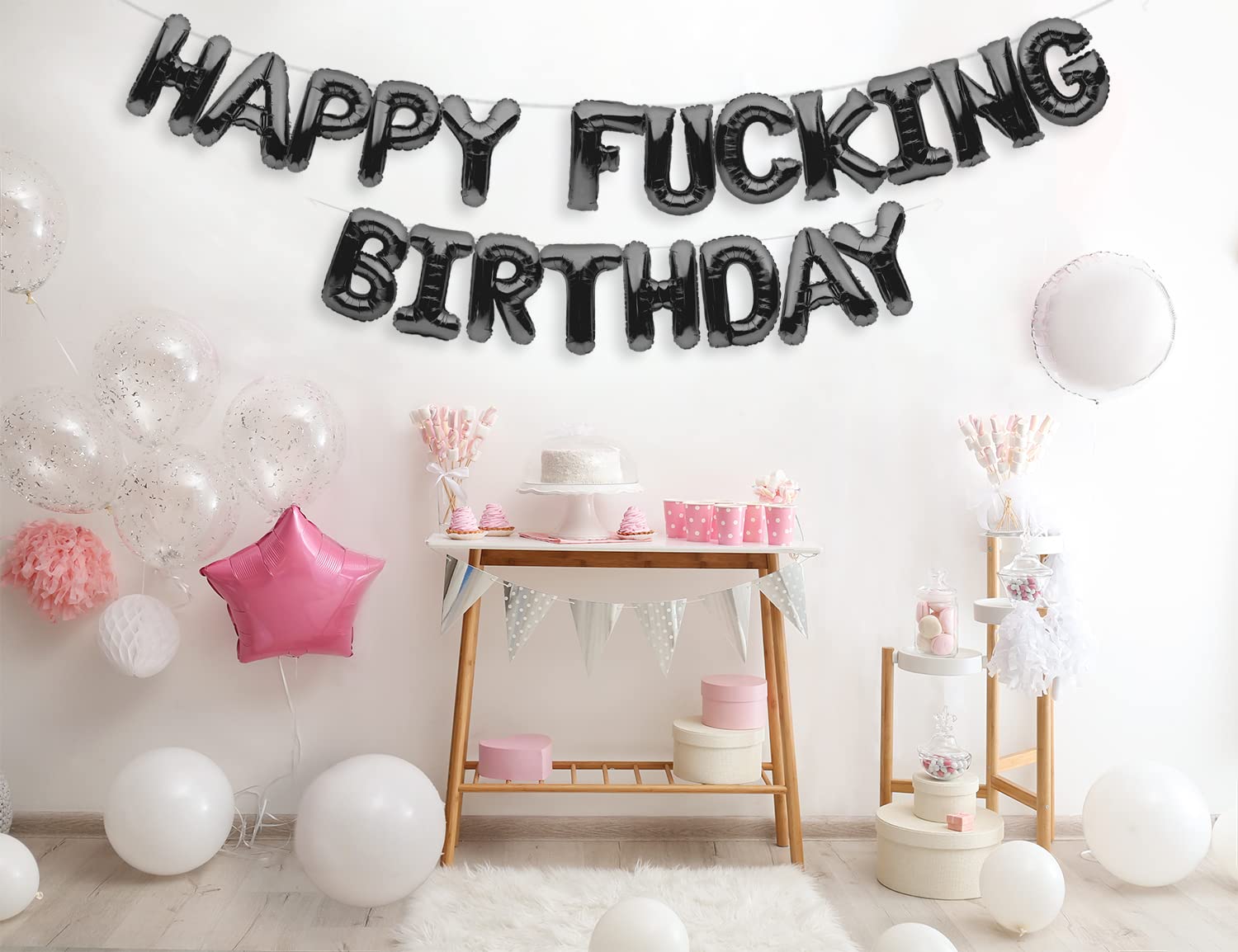 Happy Fucking Birthday Balloons Banner - Black Birthday Party Decorations Sign for Adult Parties, Bachelorette & Milestone Celebrations