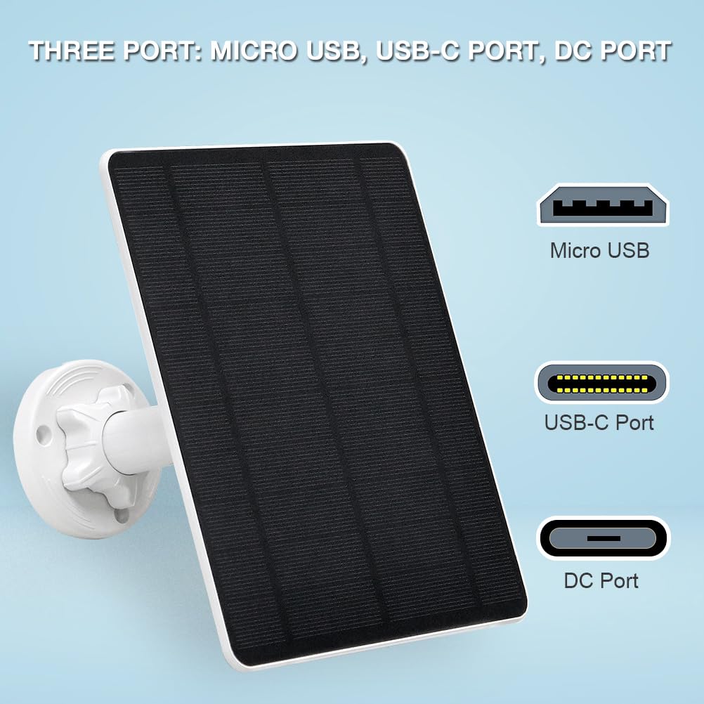 5W USB Solar Panel for Security Cameras - IP65 Waterproof, 9.8ft Cable, Adjustable Mount - Compatible with Micro USB, USB-C & DC (2 Pack) - Perfect for Outdoor Surveillance, Home Security & Wireless Camera Charging