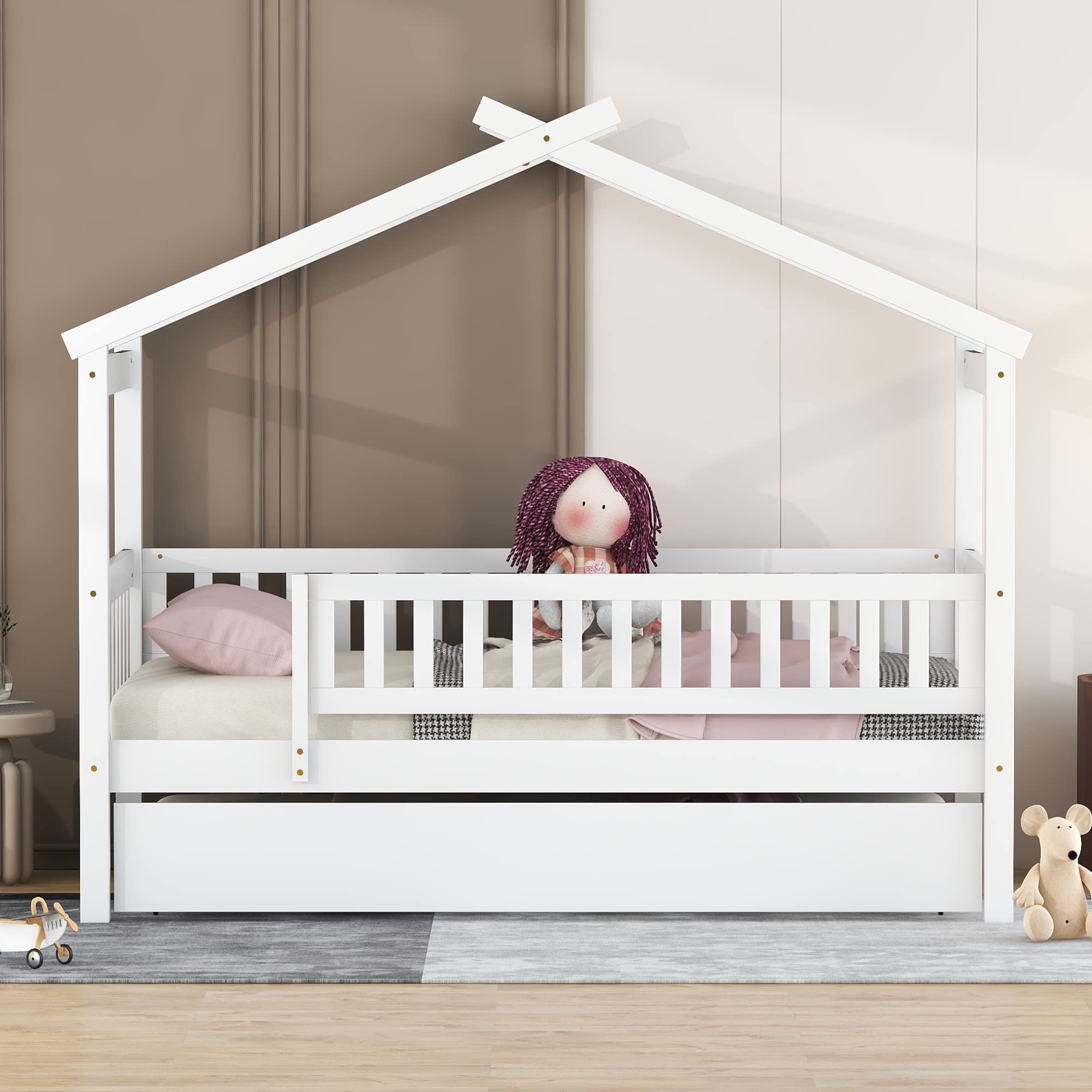 Harper & Bright Designs Twin Size Wooden House Bed with Trundle - Kids Bed Frame with Roof & Fence Design for Boys & Girls - Perfect for Bedrooms, Playrooms & Sleepovers (White)