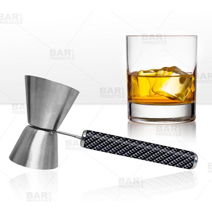 Premium Carbon Fiber Jigger with Ergonomic Printed Handle - 0.75oz & 1.25oz Dual Measuring Tool for Cocktails, Bartending, and Home Mixology