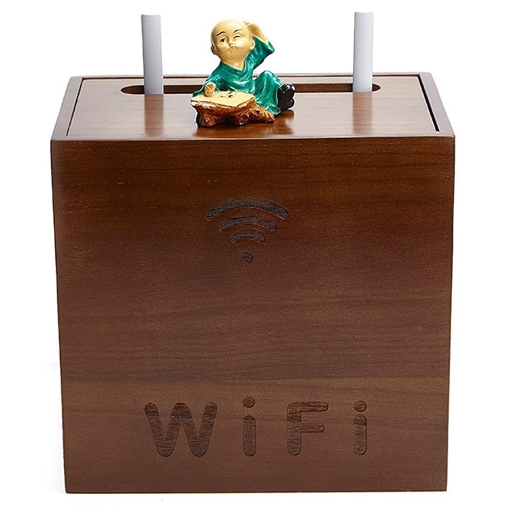 Wooden WiFi Router Storage Box with Power Strip Management - Desktop Organizer for Wireless Router, Cables & Accessories | Perfect for Home Office, Living Room & Bedroom Organization