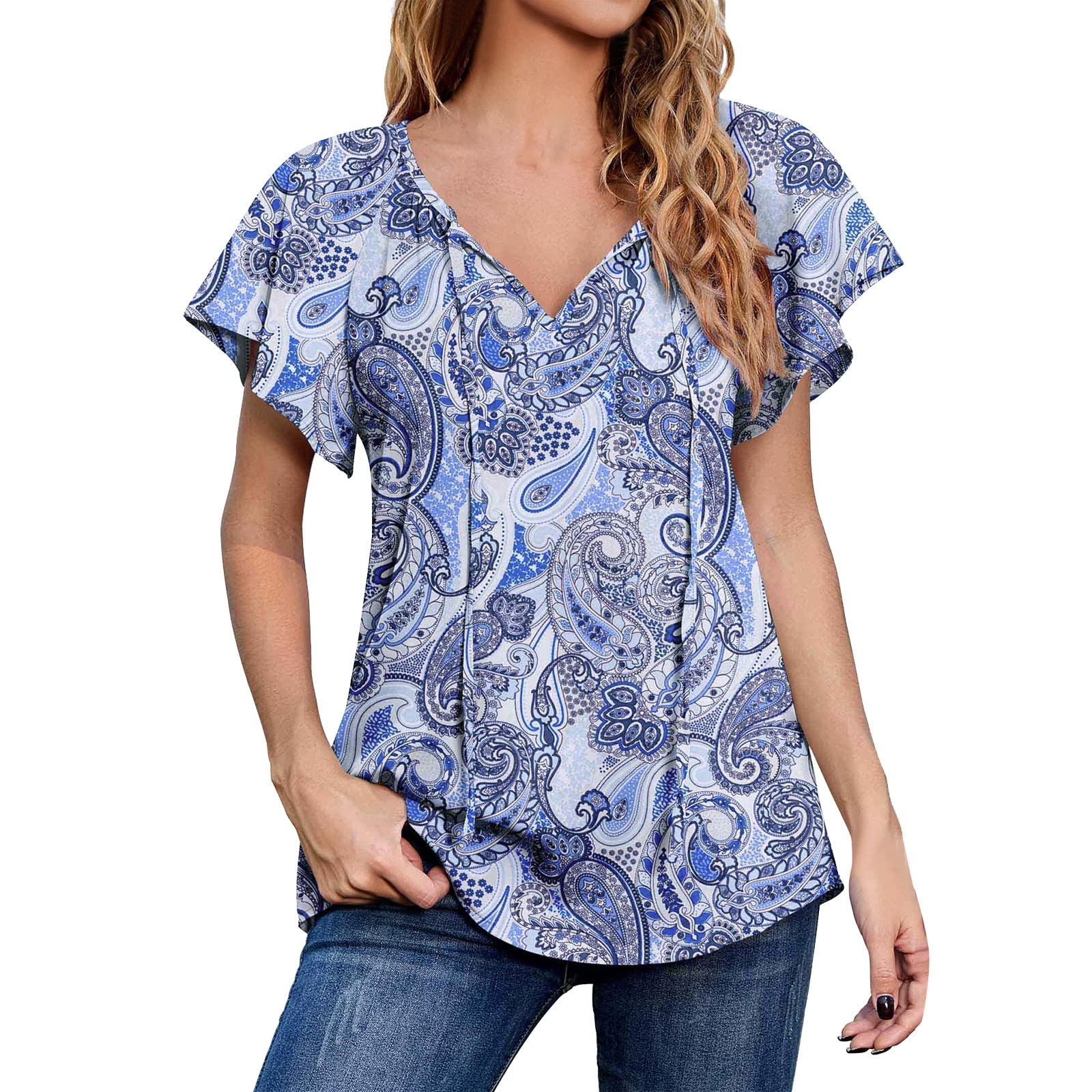 Women's Summer Short Sleeve V-Neck Blouse - Ruffle Tiered Drawstring Casual T-Shirt | Loose Fit Tops for Beach, Office & Everyday Wear
