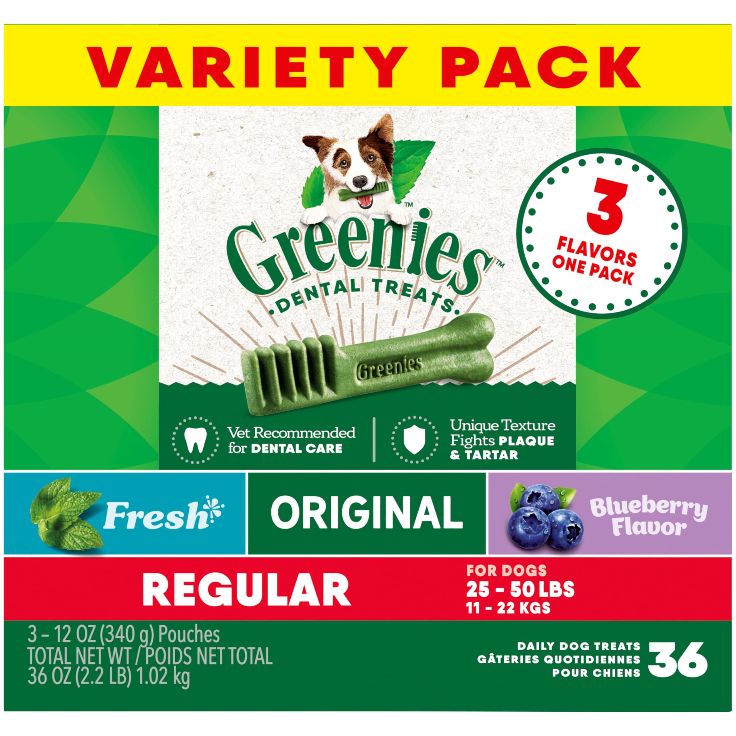 **Greenies Regular Natural Dental Care Dog Treats for Small & Medium Breeds, 36 oz Variety Pack (3 x 12 oz) – Freshens Breath & Reduces Tartar – Perfect for Daily Oral Care & Training Rewards**