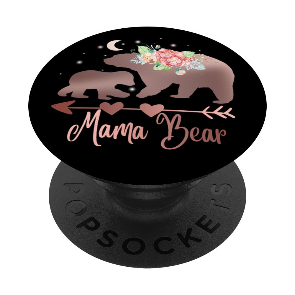 Rose Pink Mama Bear with One Cub Black PopSockets Standard PopGrip - Swappable Phone Grip & Stand for iPhone, Samsung & Smartphones - Perfect for Moms, Parenting & Family Photos
