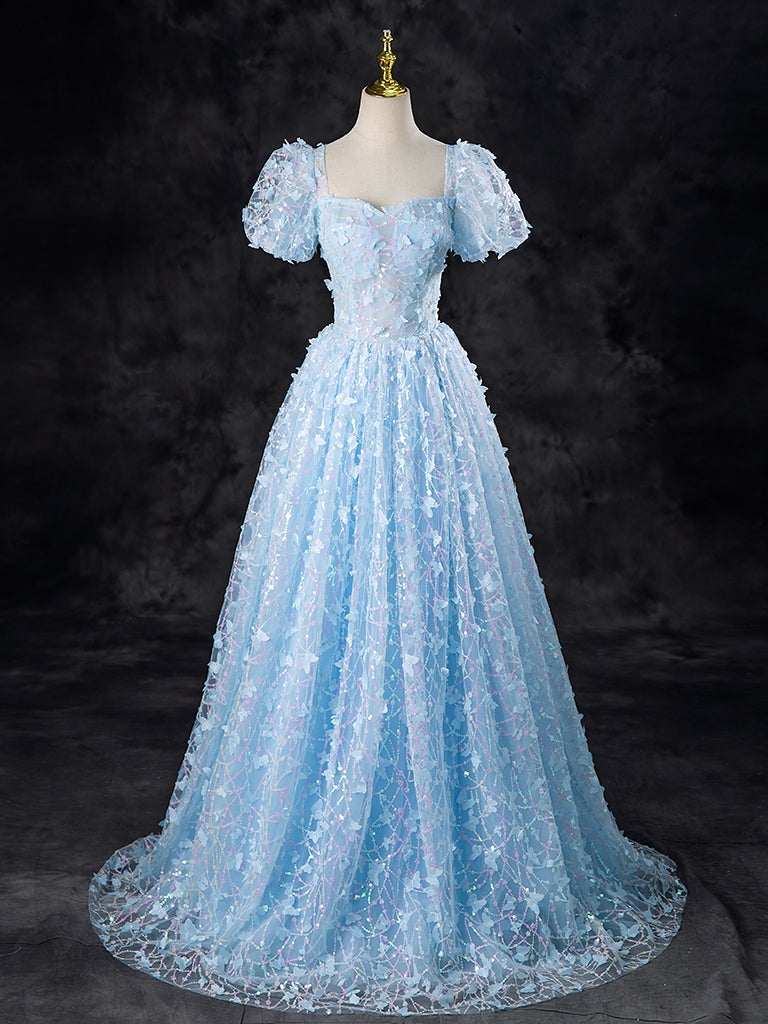 Elegant A-Line Tulle Sequin Lace Blue Prom Dress for Homecoming, Evening Gala & Special Occasions