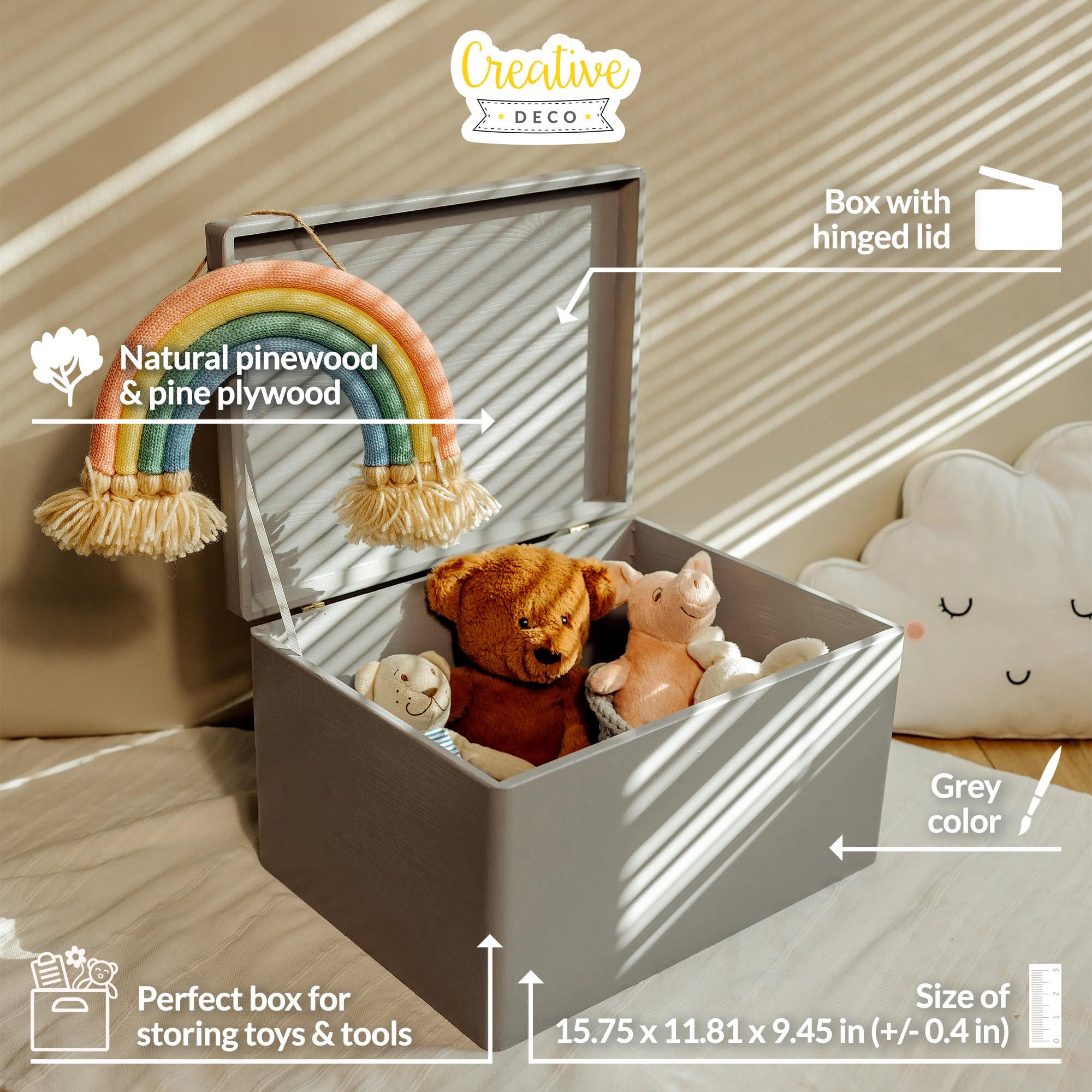 Large Grey Wooden Storage Box with Hinged Lid - 15.8 x 11.8 x 9.44 Inches | Multi-Purpose Keepsake Chest for Tools, Dog Toys, Shoes, Clothes & Kitchen Storage | Perfect for Home Organization, Gift Wrapping & Document Storage