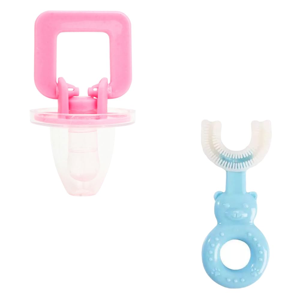 Joy Buzz Pacifier & U-Shape Toothbrush Set - BPA-Free Silicone Baby Pacifier and Toothbrush for 0-12 Months - Safe Infant Oral Care for Teething & Gum Relief (Pink/Blue) - Perfect for Daycare, Travel & Bedtime Soothing