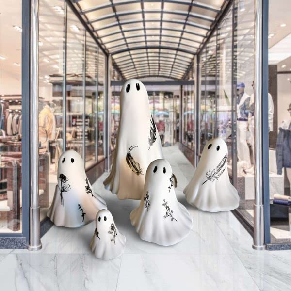 Handmade White Ceramic Ghost Sculpture Set - Spooky Halloween Decor for Home, Office & Party - Cute Ghost Statue Ornaments for Desktop, Shelf & Mantel - Perfect Halloween Gift & Seasonal Decor (5-Piece Set)