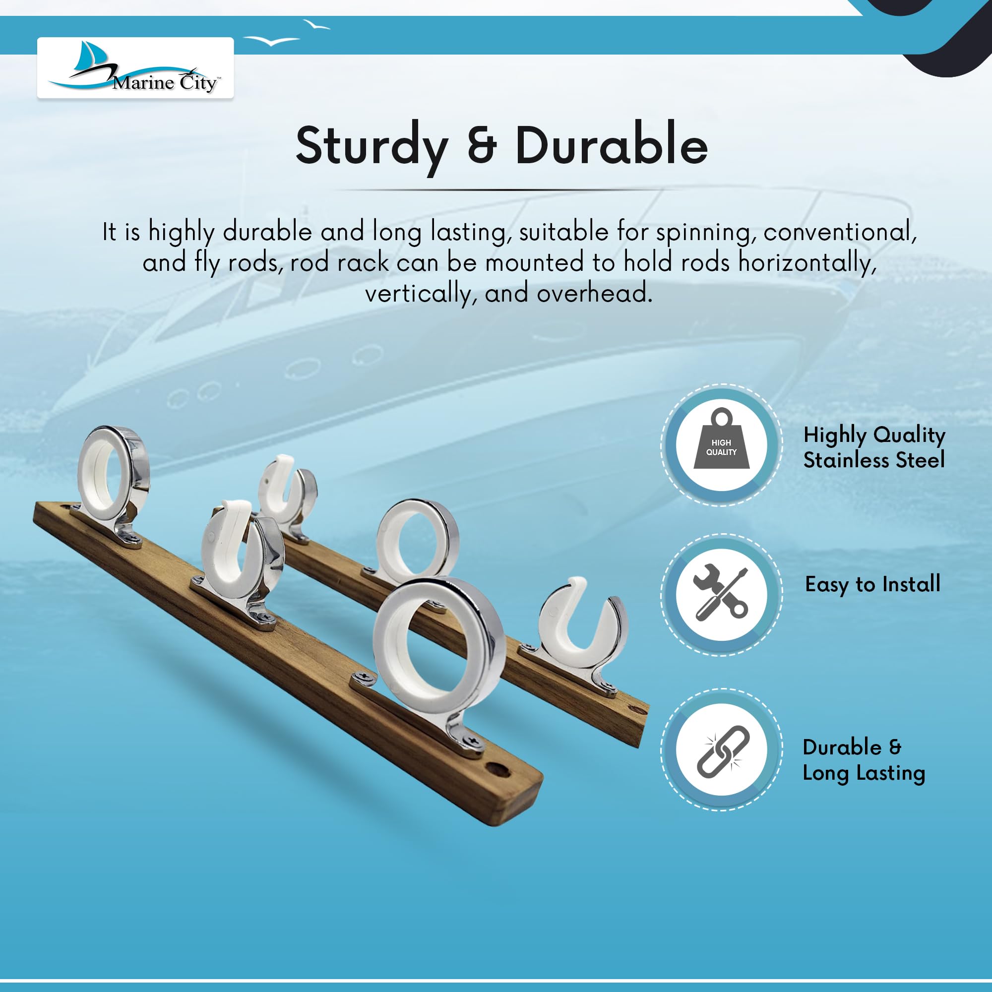 Premium Teak Wood 3-Rod Fishing Reel Holder with 316 Stainless Steel Hooks - Marine Grade Boat Rod Storage Rack for Saltwater & Freshwater Anglers (2.71 Inch Length) - Perfect for Boats, Yachts, Trucks, RV Camping & Garage Organization