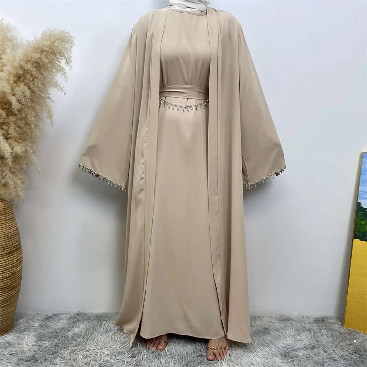 2-Piece Rhinestone Open Abaya Dress Set with Inner Sleeveless Dress & Belt - Elegant Muslim Fashion for Weddings, Parties & Special Occasions