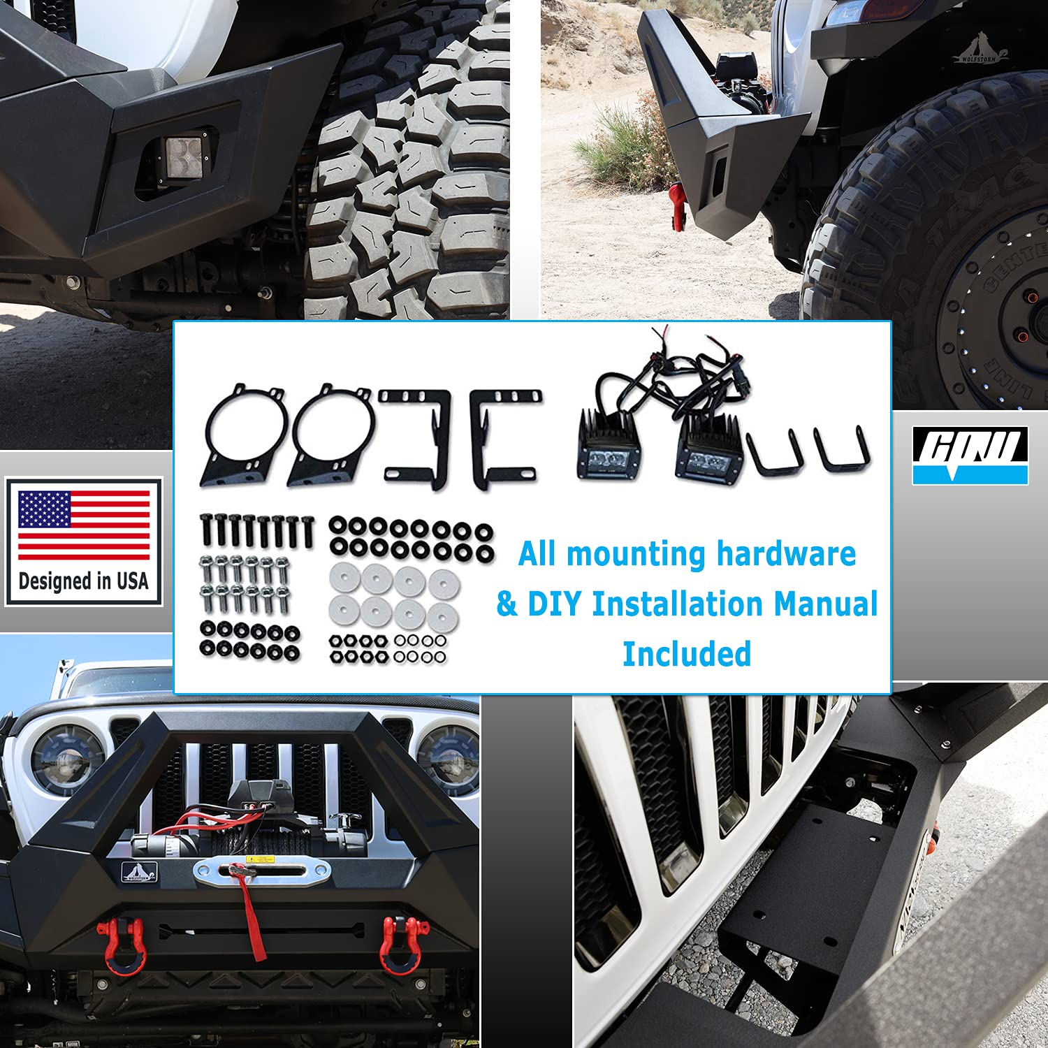 Heavy Duty Steel Front Bumper with LED Pod Lights & Shackles - Compatible with 2007-2018 Jeep Wrangler JK, 2018-2025 Wrangler JL & 2019-2025 Jeep Gladiator JT - Perfect for Off-Road Adventures, Rock Crawling & Overlanding