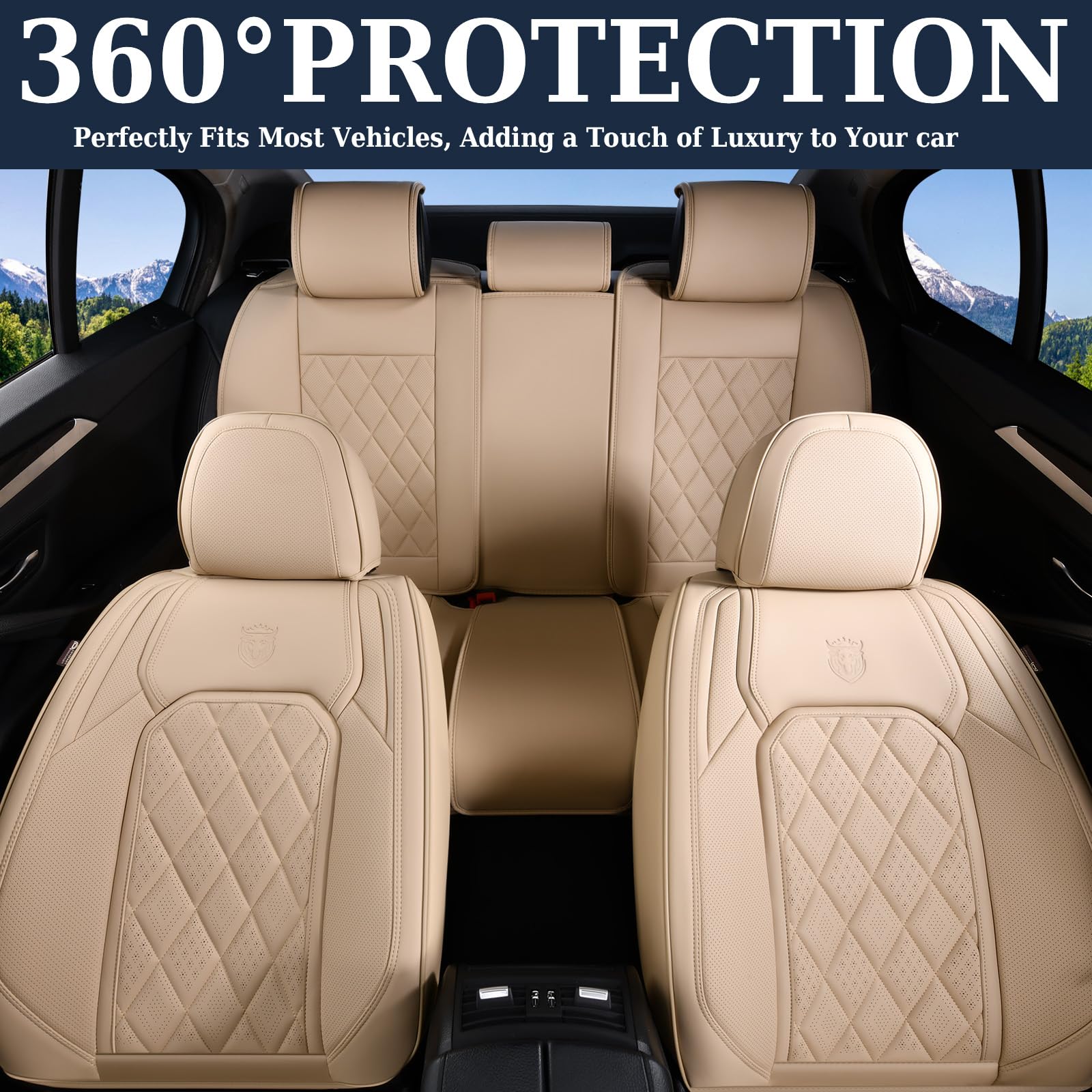 Coverado Universal Car Seat Covers Full Set - 5-Piece Luxury Faux Leather Waterproof Seat Protectors for Front & Back Seats | Fits Most Vehicles | Beige | Perfect for Family Cars, Road Trips & Pet Protection